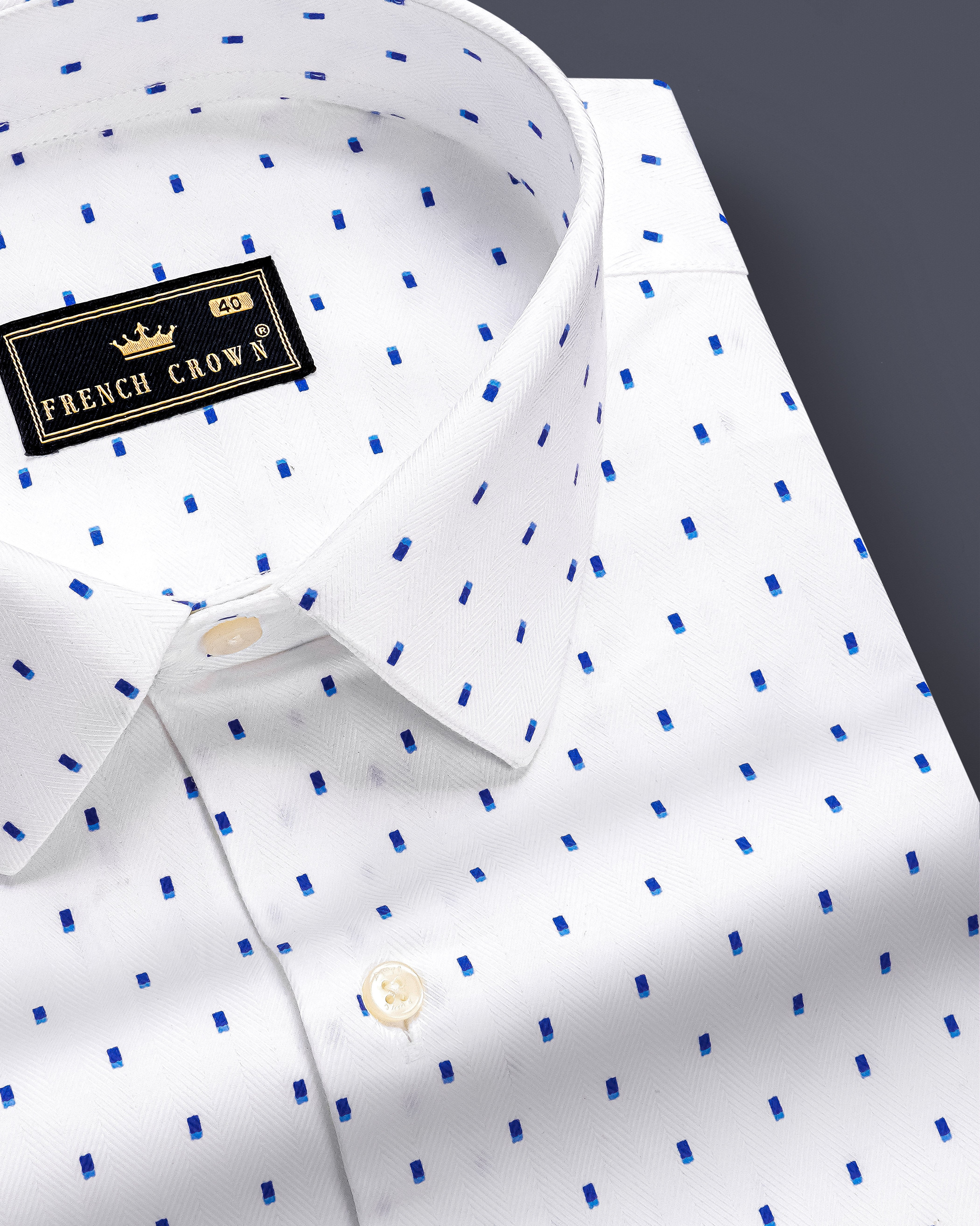 Azure Crest-Bright White and Persian Blue Printed Dobby Textured Premium Giza Cotton Dress Shirt