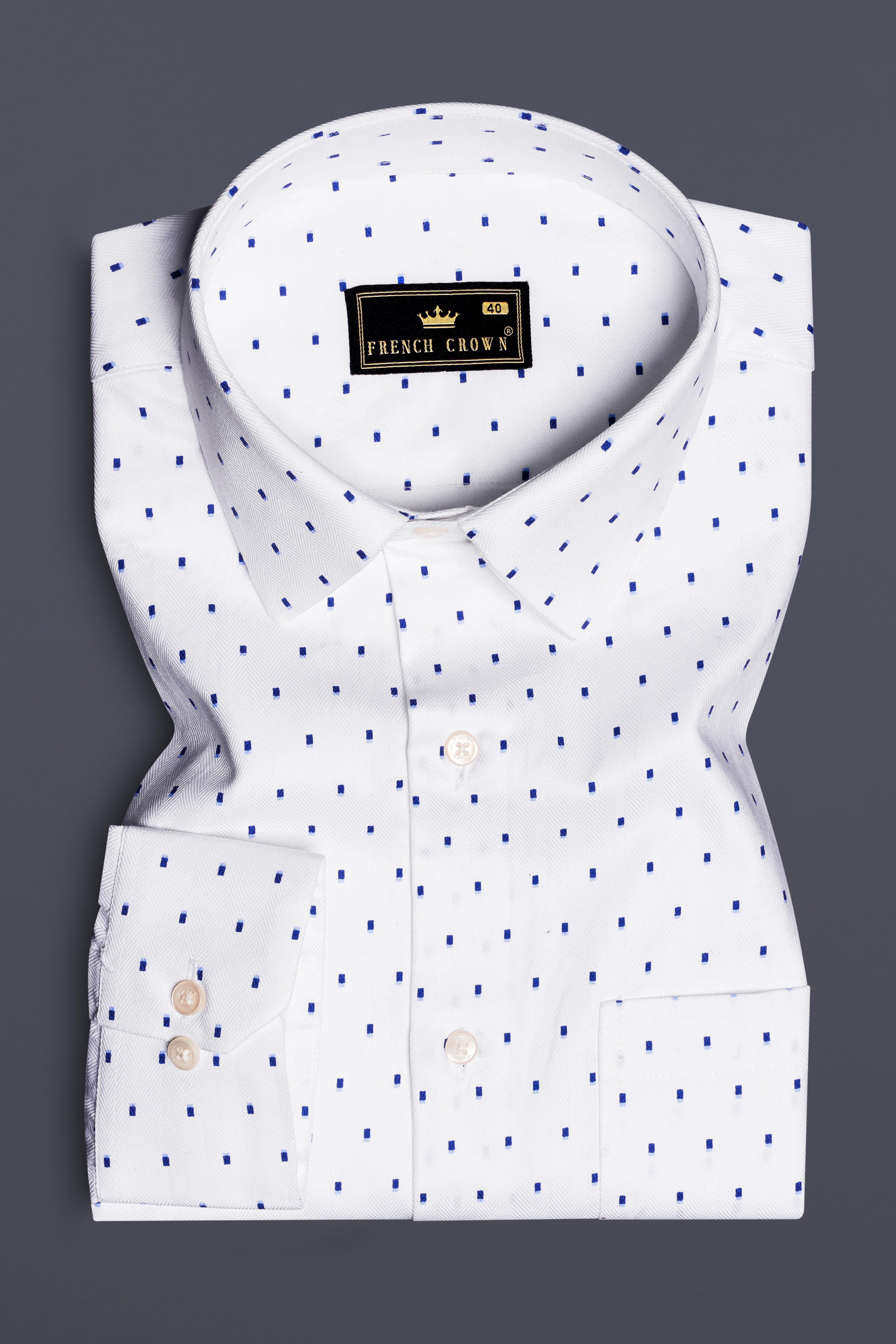 Azure Crest-Bright White and Persian Blue Printed Dobby Textured Premium Giza Cotton Dress Shirt