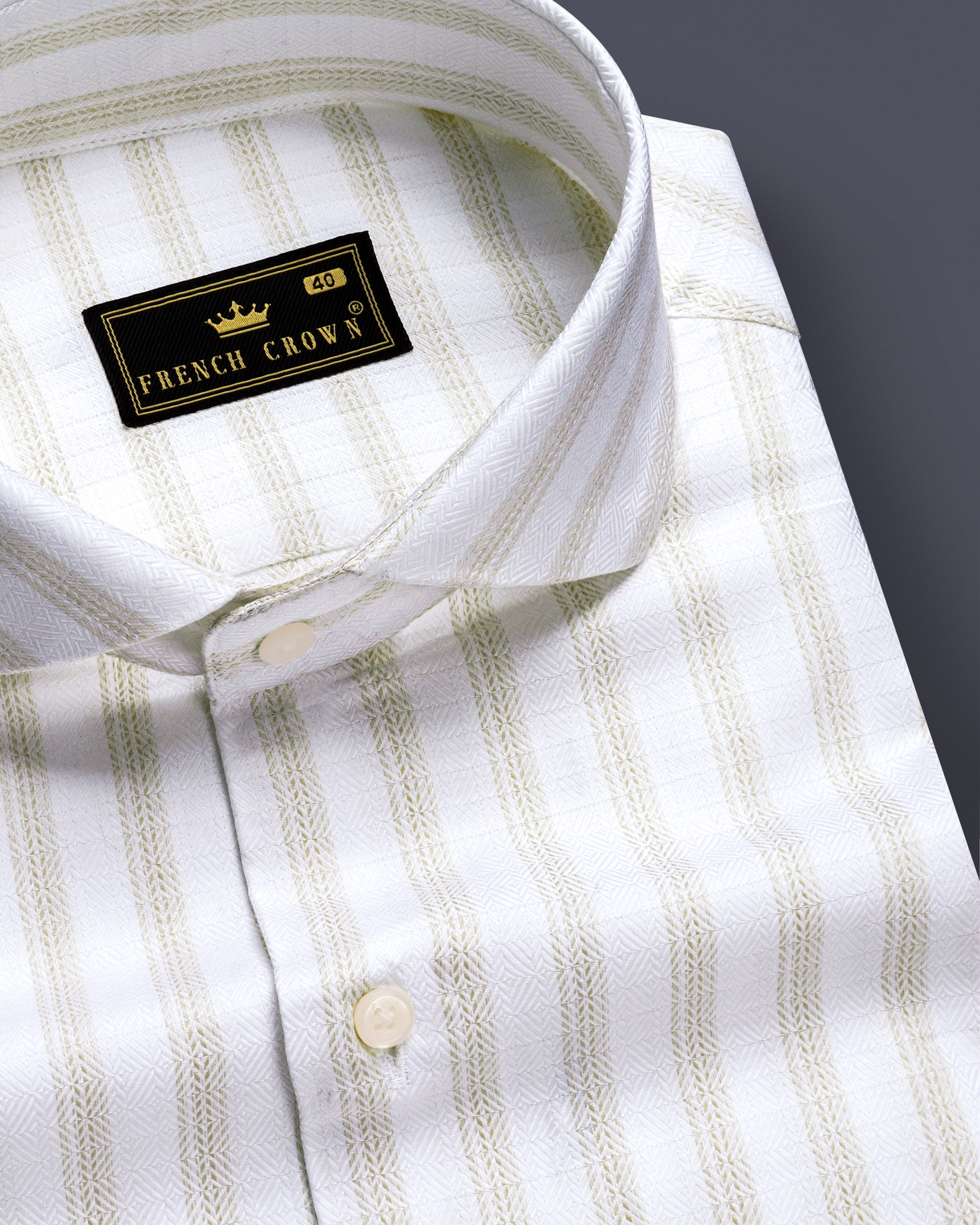 Bright White And Sprout Cream Striped Dobby Textured Premium Giza Cotton Dress Shirt