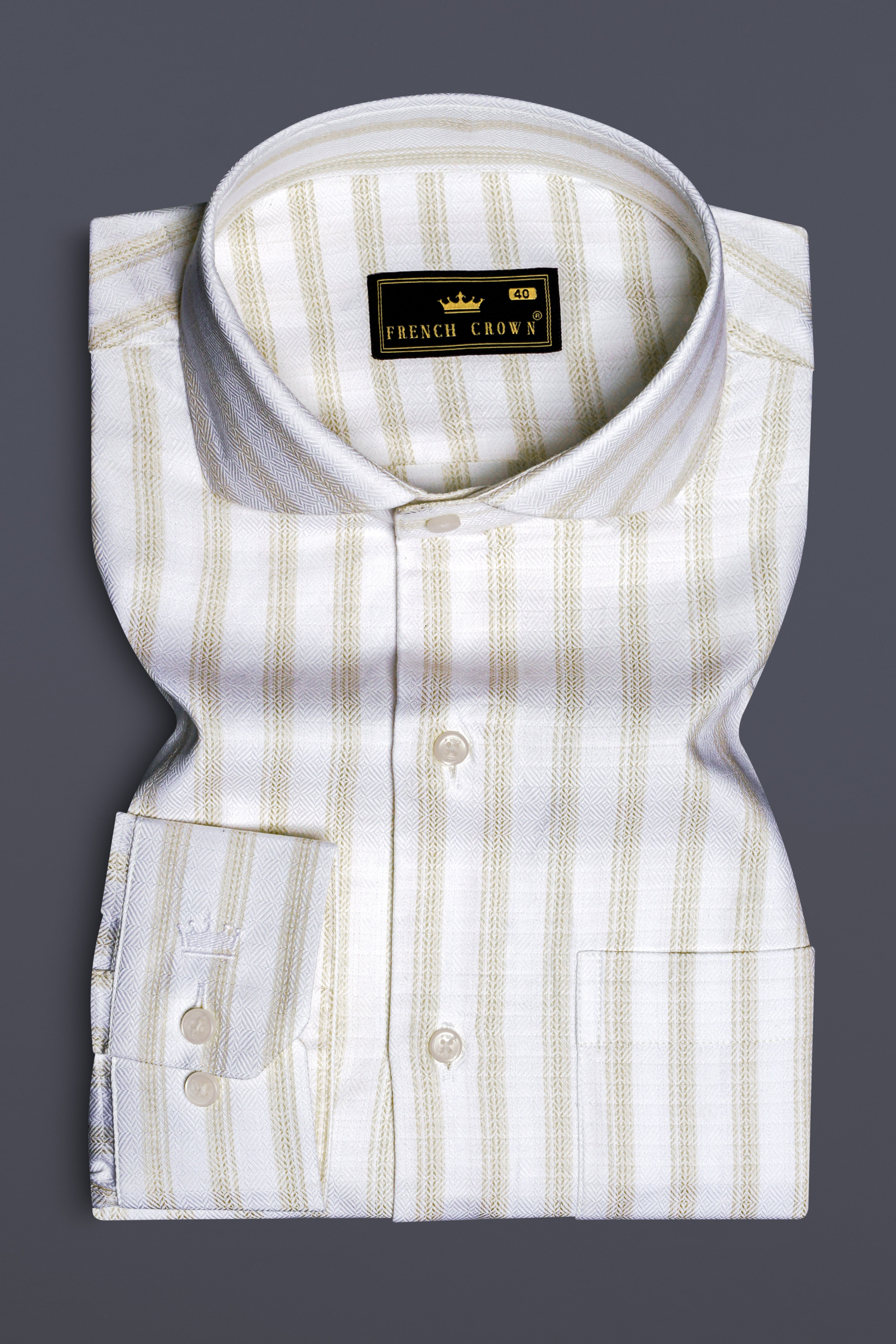 Bright White And Sprout Cream Striped Dobby Textured Premium Giza Cotton Dress Shirt