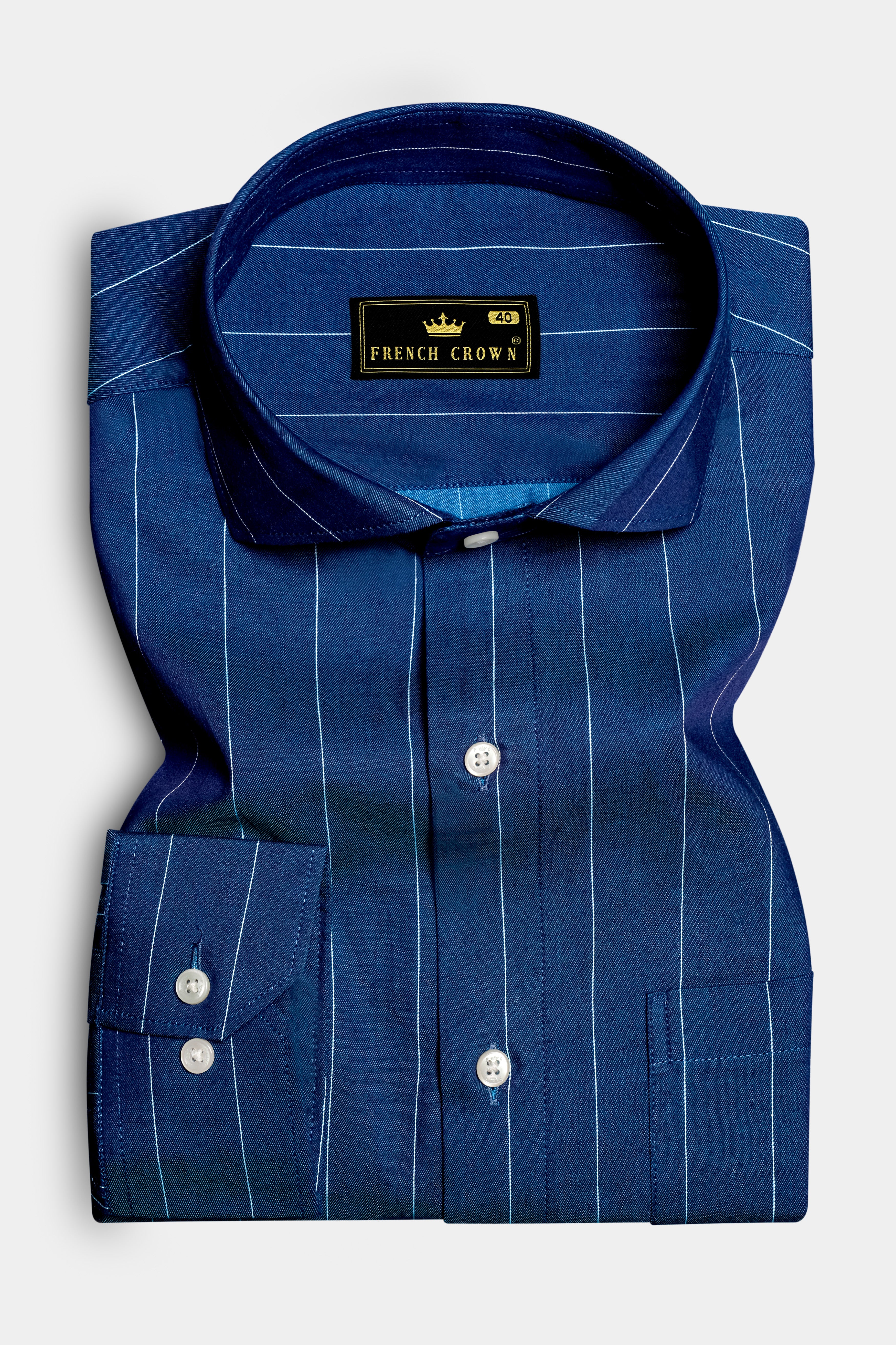 Sapphire Stria-Prussian Blue Striped Twill Premium Cotton Semi Formal Shirt