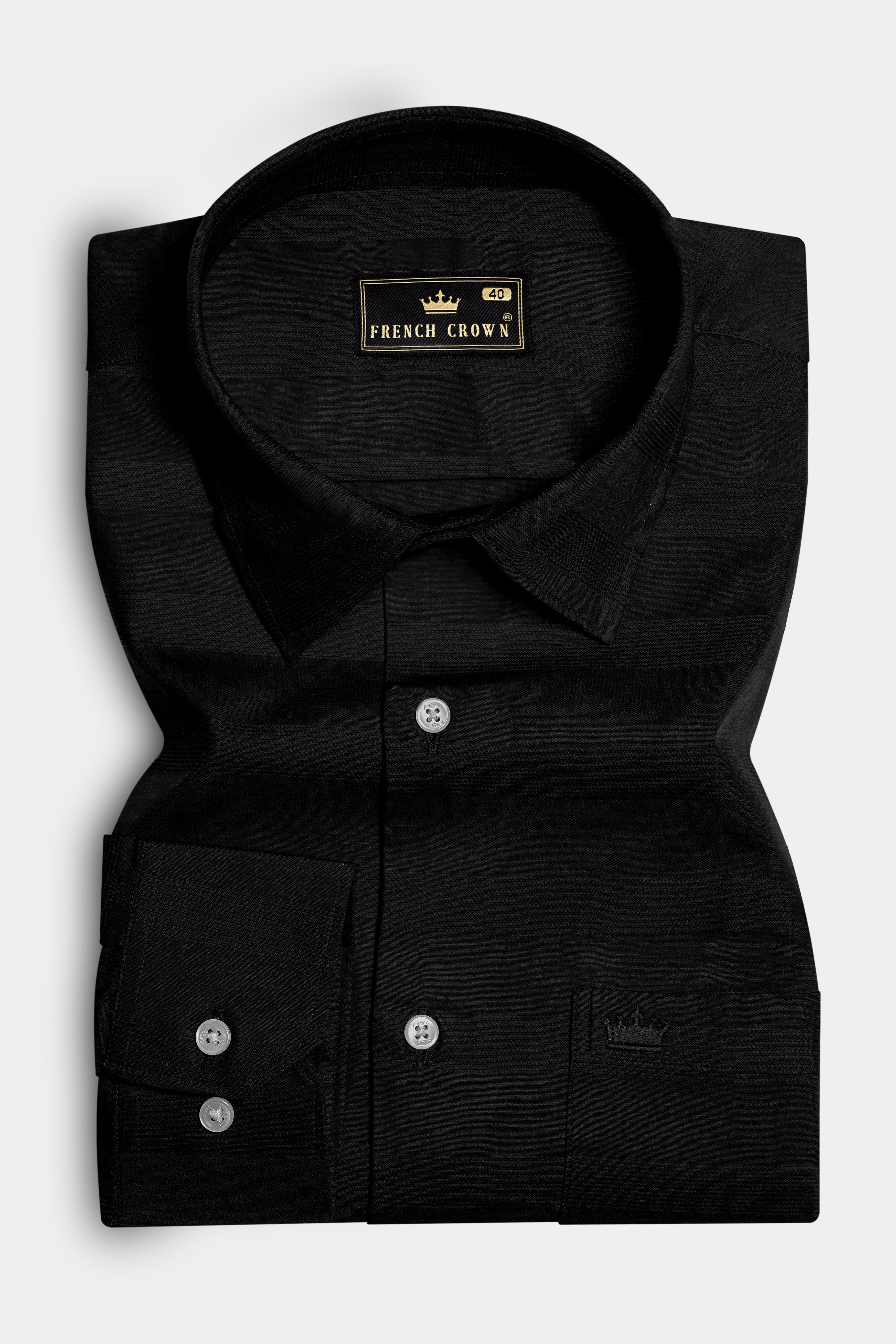 Noir Crest-Jade Black Striped Dobby Textured Premium Giza Cotton Dress Shirt