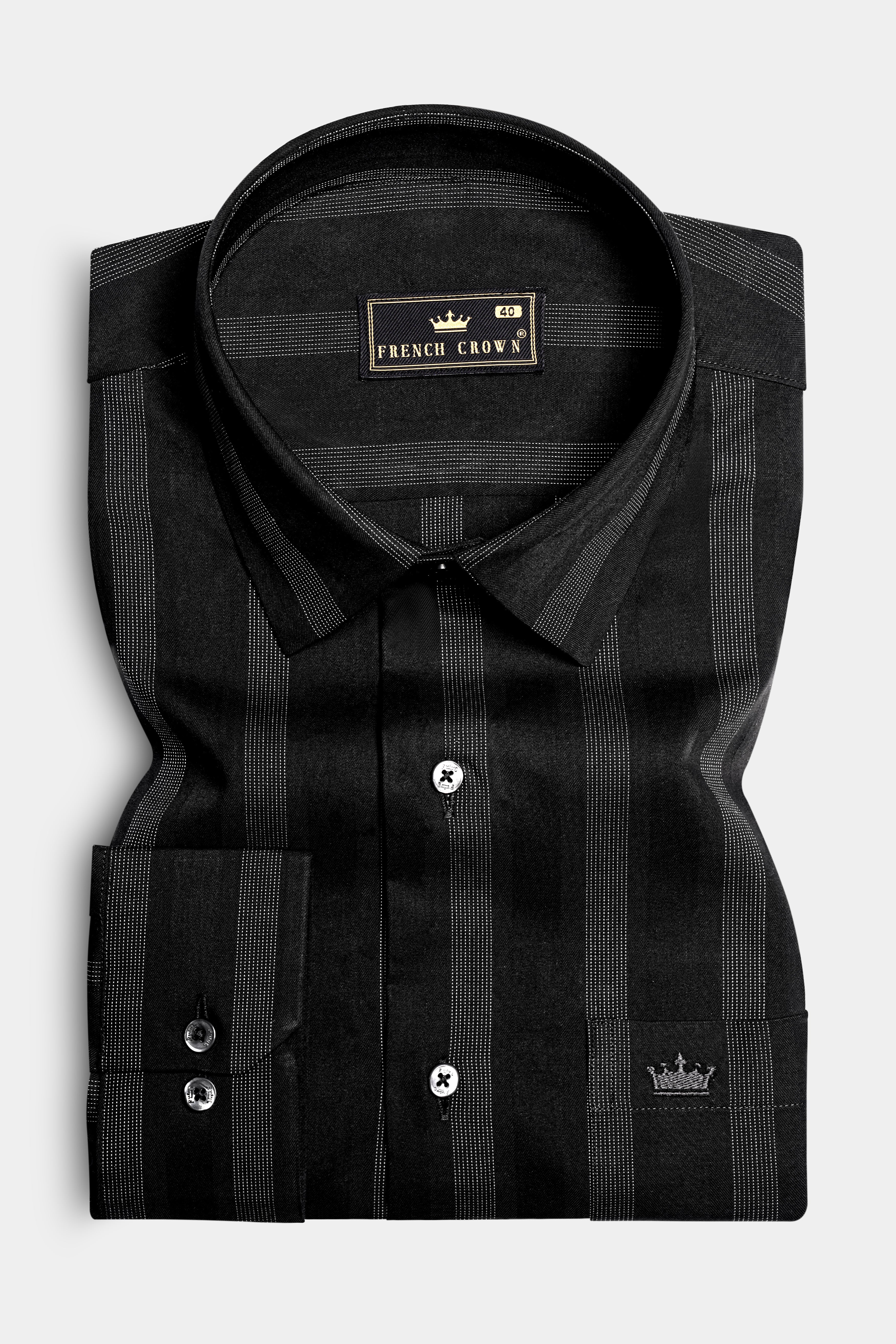 Nightshade-Jade Black Peking Striped Dobby Textured Premium Giza Cotton Dress Shirt