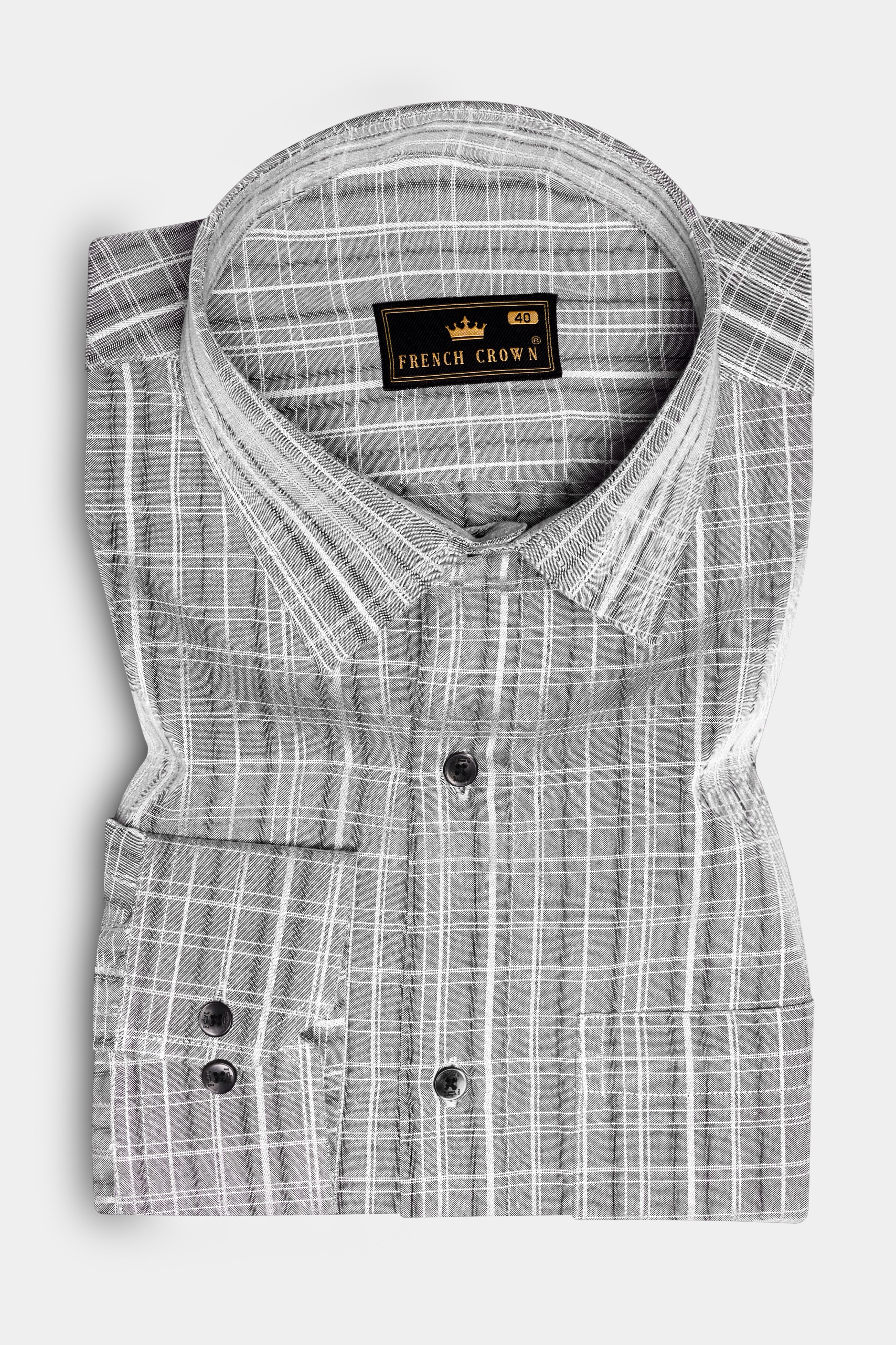 Titanium-Iron Gray Lamont Checked Stretchable Dobby Textured Premium Giza Cotton Dress Shirt