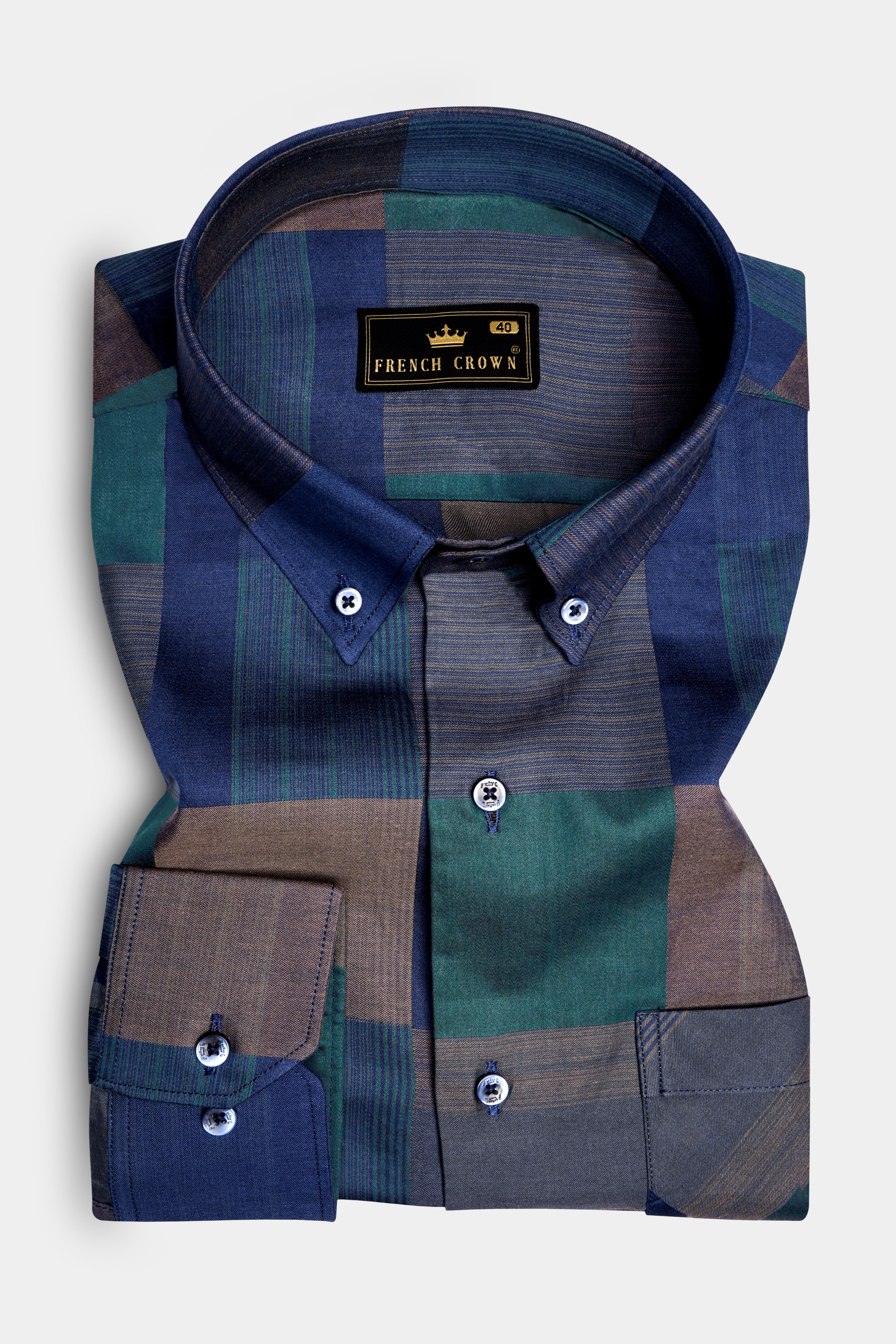 Emerald Sky-Zodiac Blue And William Green Plaid Jacquard Textured Premium Cotton Dress Shirt