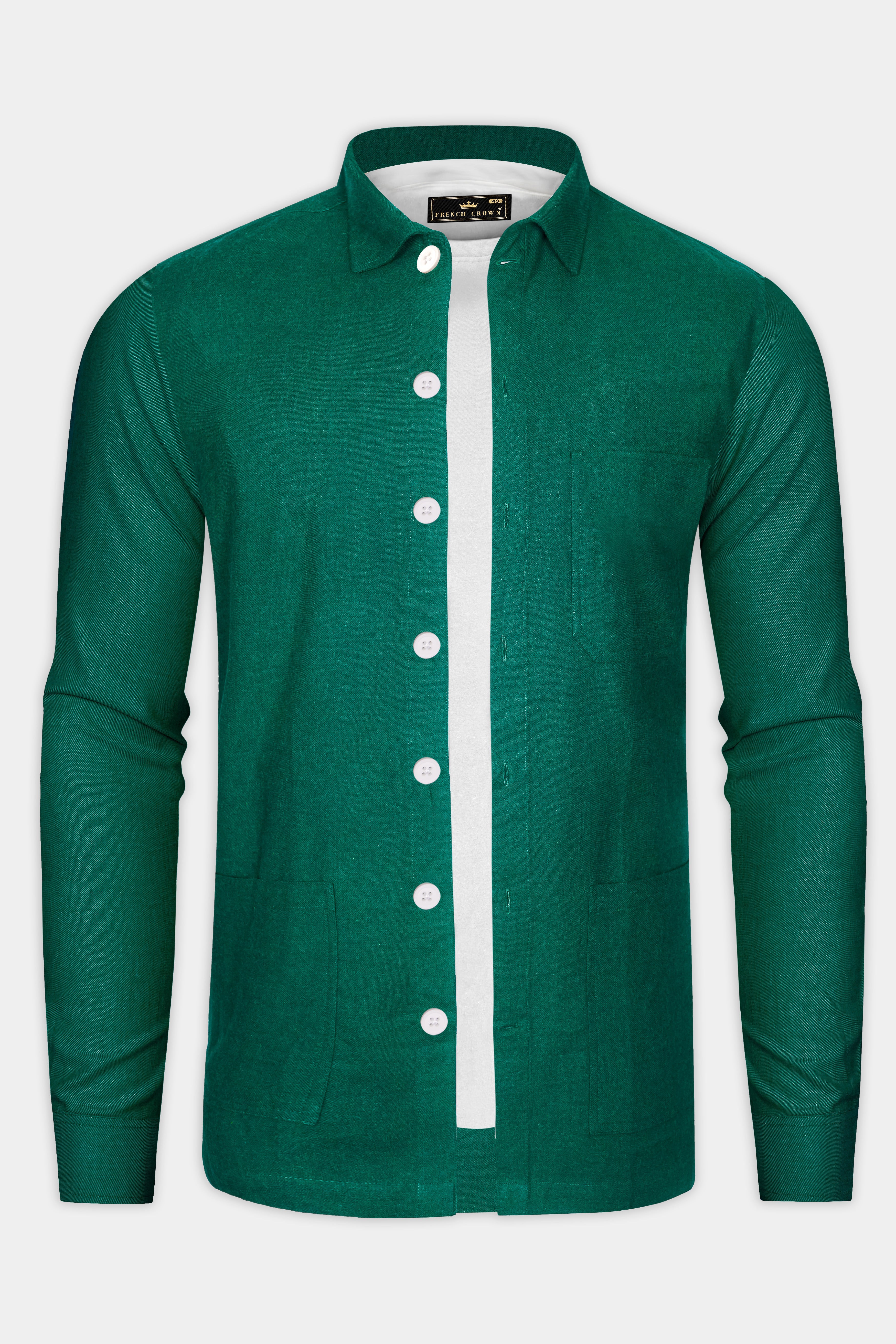 Verdant Haven-Plantation Green Solid Flannel Premium Cotton Designer Overshirt/shacket