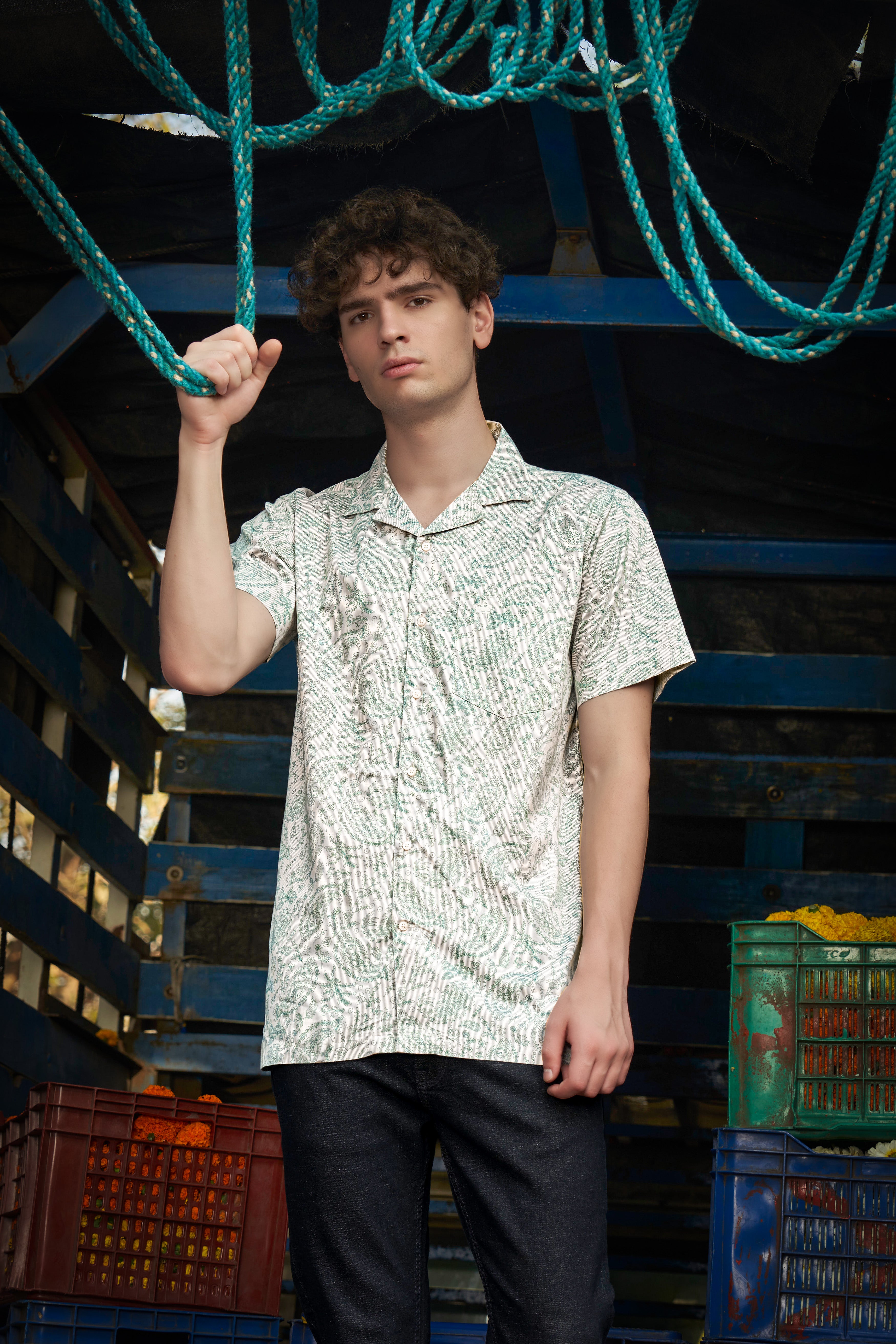 Ivy Stone-Stonewall Cream And Dianne Green Paisleys Printed Subtle Sheen Super Soft Premium Cotton Casual Shirt