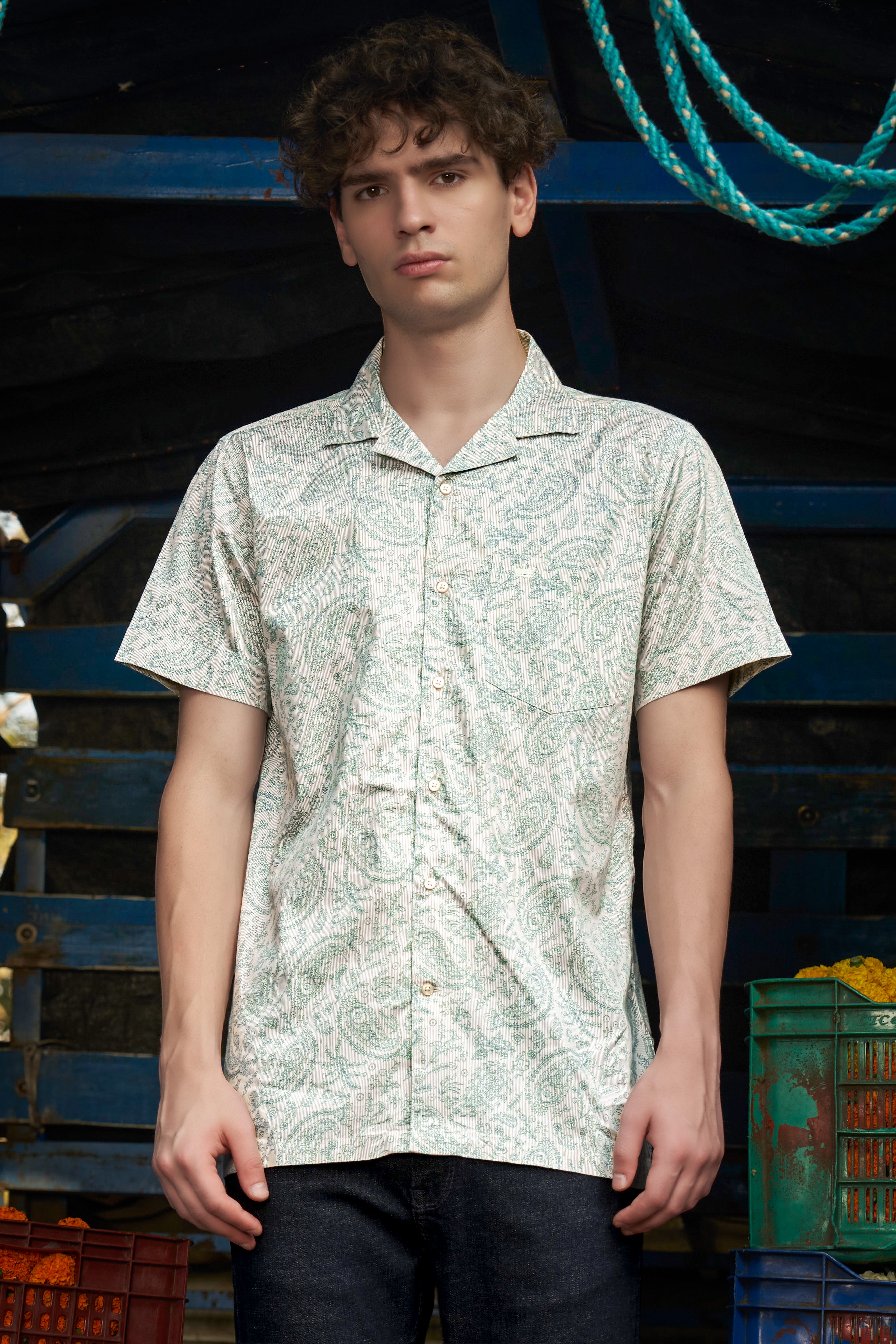 Ivy Stone-Stonewall Cream And Dianne Green Paisleys Printed Subtle Sheen Super Soft Premium Cotton Casual Shirt