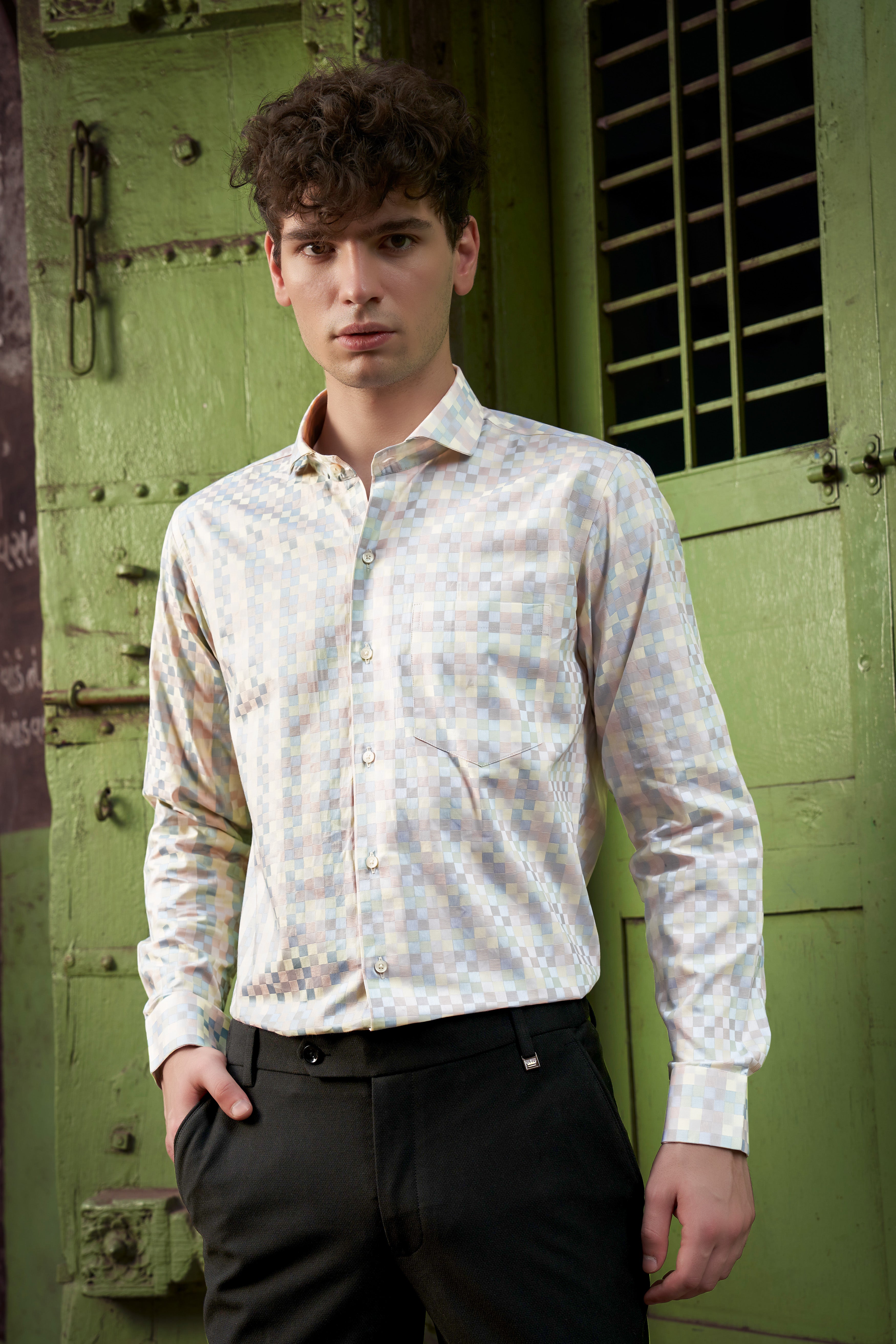 Twilight Pink And Cadet Blue Jacquard Textured Premium Cotton Dress Shirt