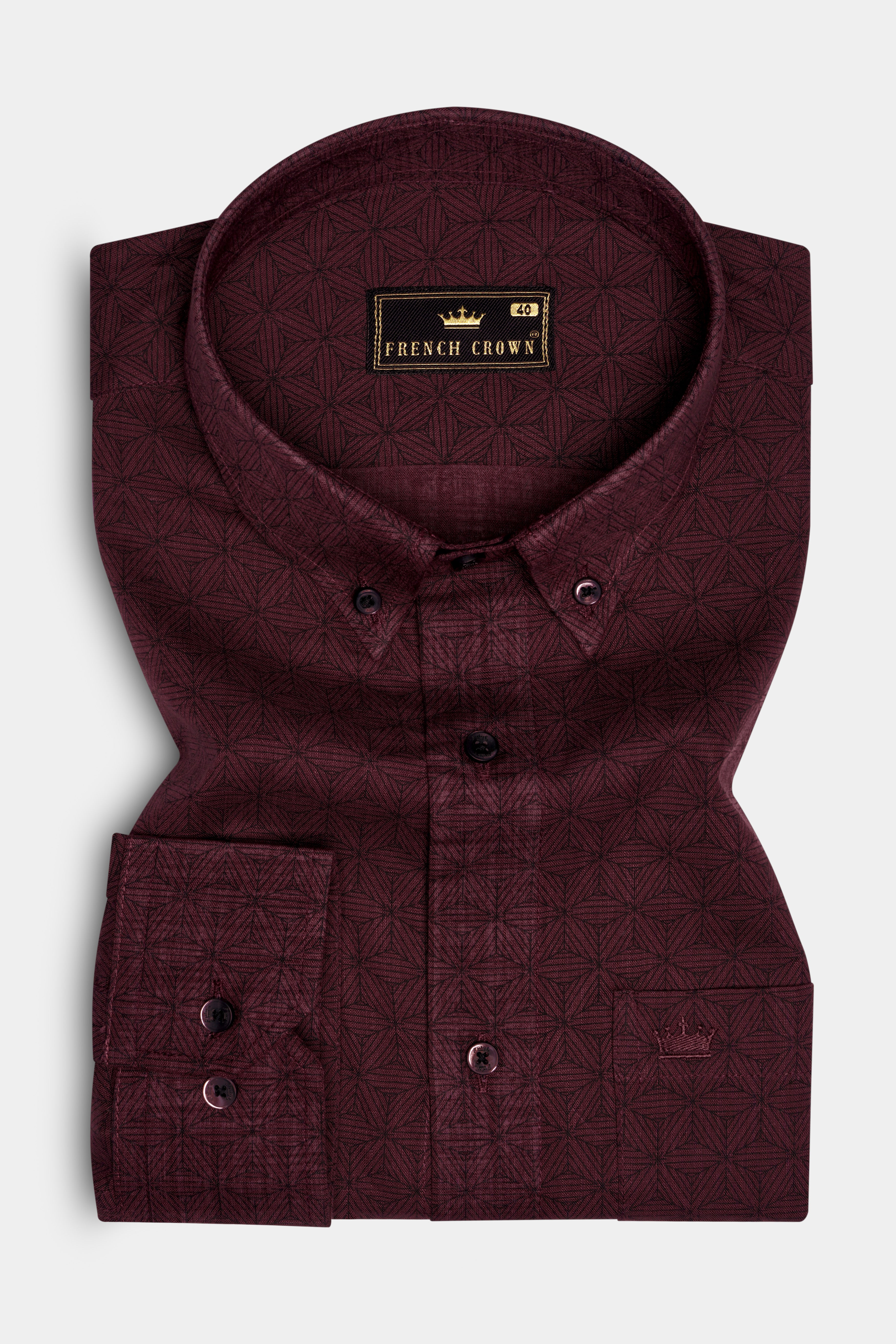 Wine Berry Maroon Printed Premium Giza Cotton Semi Formal Shirt