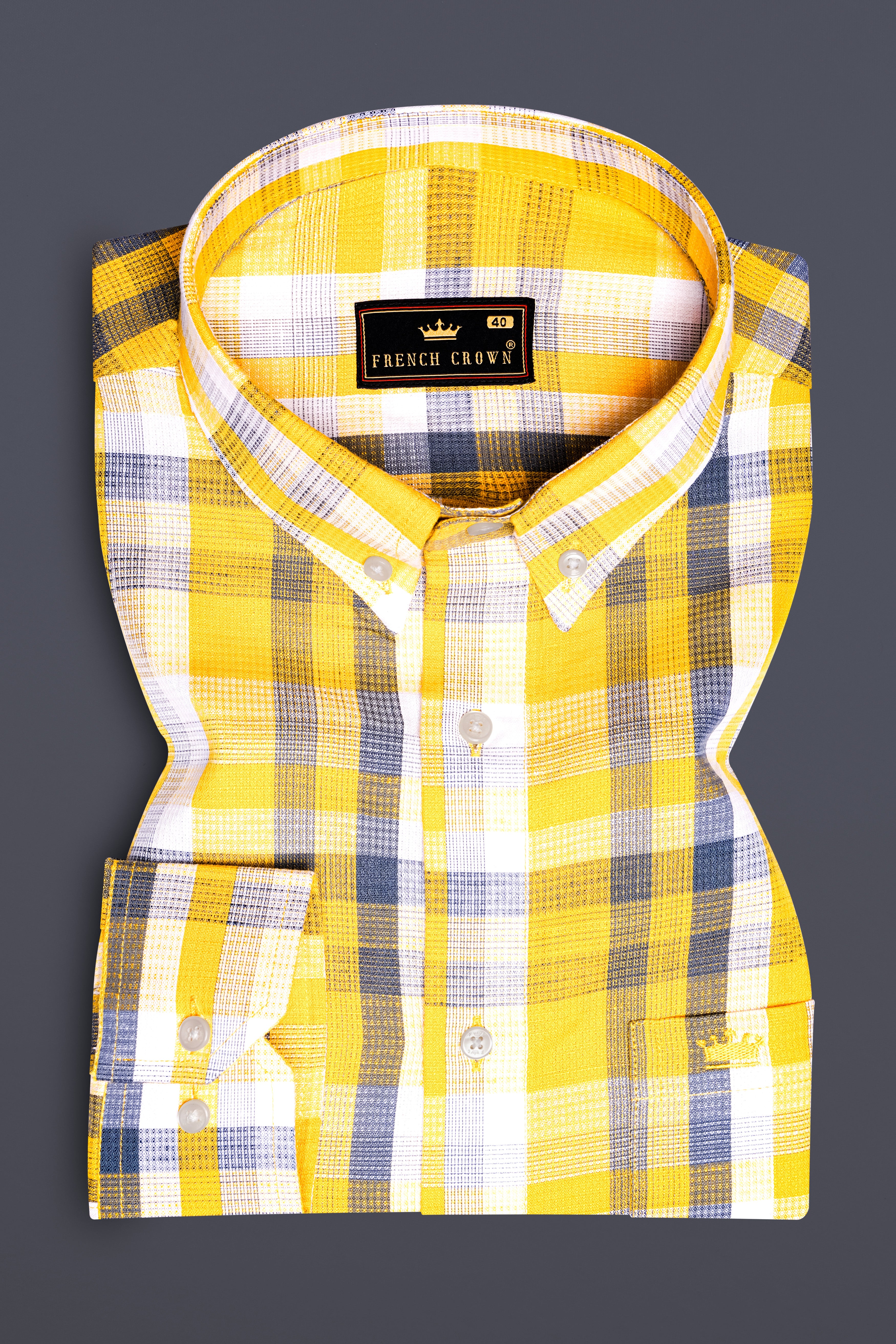 Solar Eclipse-Kournikova Yellow And Meteorite Blue Plaid Dobby Textured Premium Giza Cotton Casual Shirt