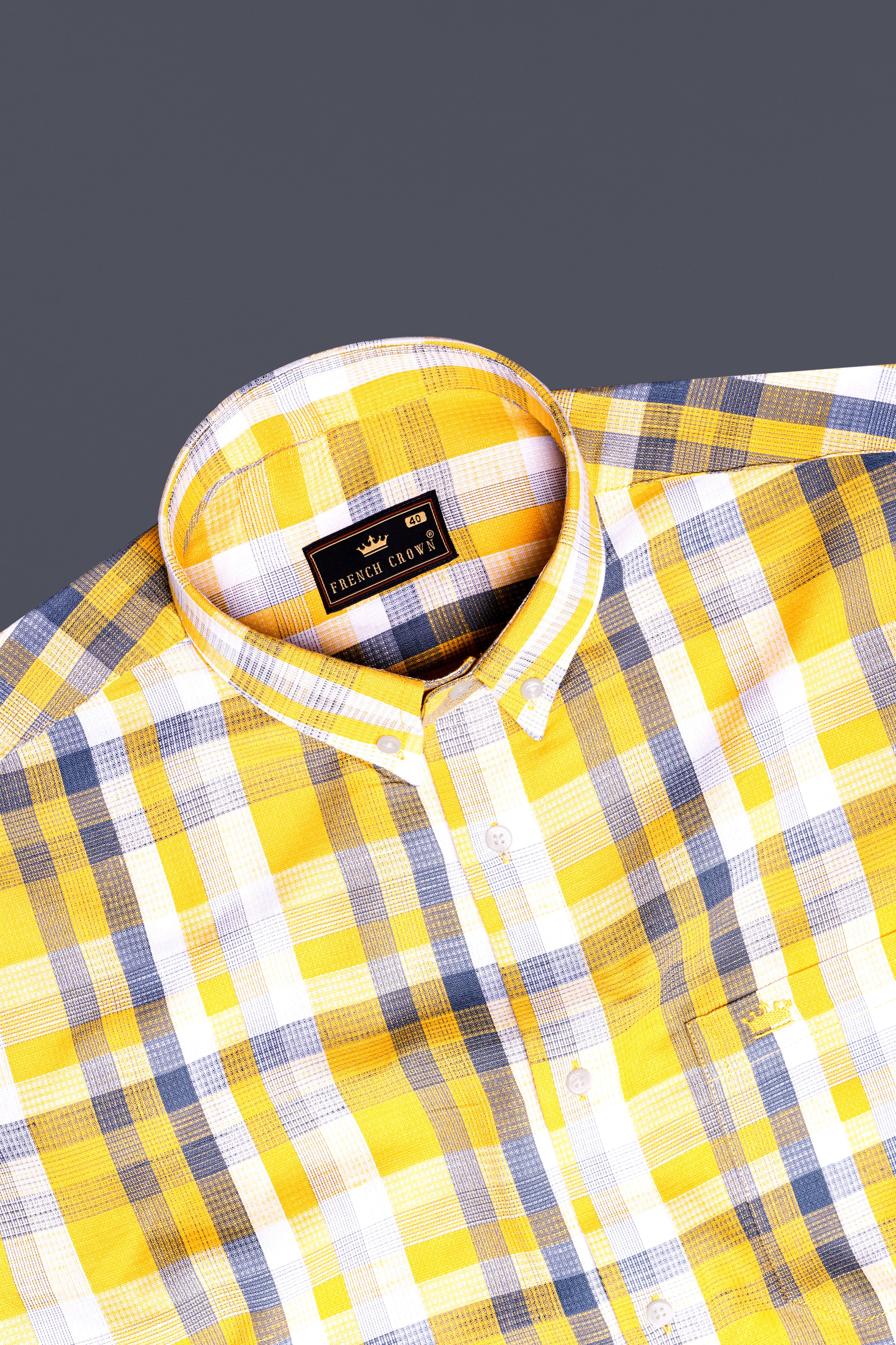 Solar Eclipse-Kournikova Yellow And Meteorite Blue Plaid Dobby Textured Premium Giza Cotton Casual Shirt