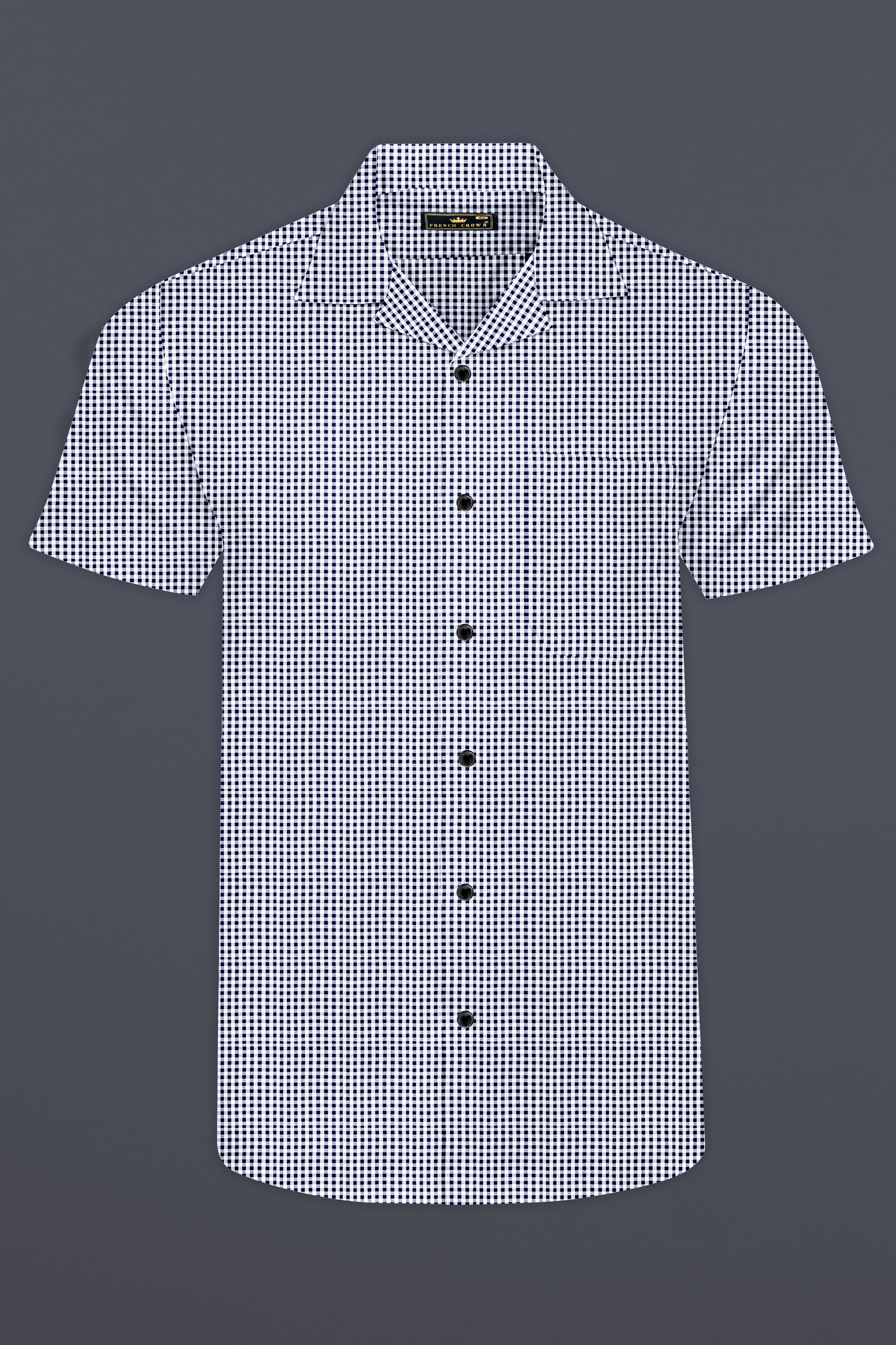 Oceanic-Midnight Blue And Bright White Gingham Plaid Super Soft Premium Cotton Casual Cuban Collar Shirt