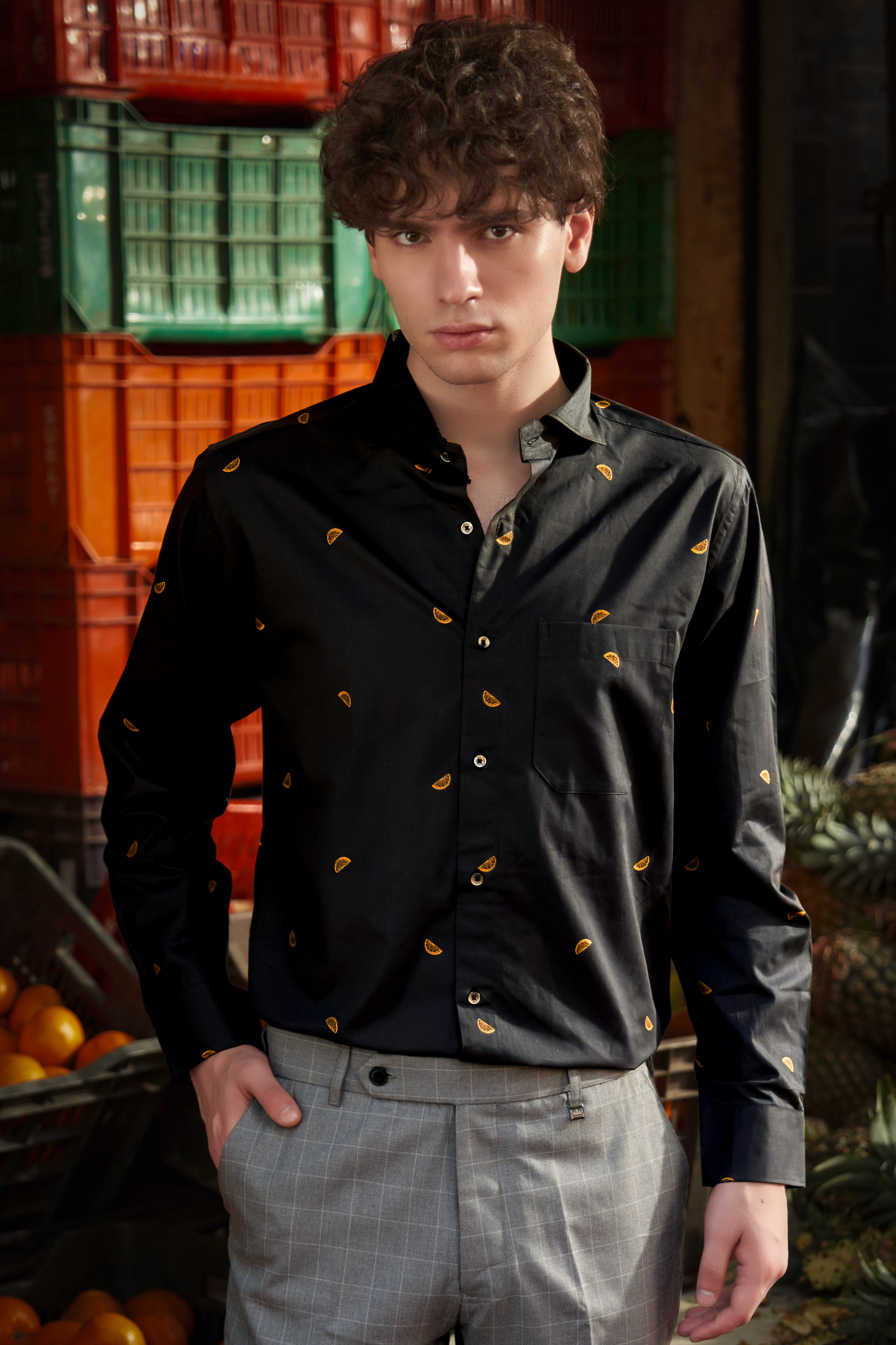 Citrus-Jade Black Orange Jacquard Textured Premium Cotton Dress Shirt