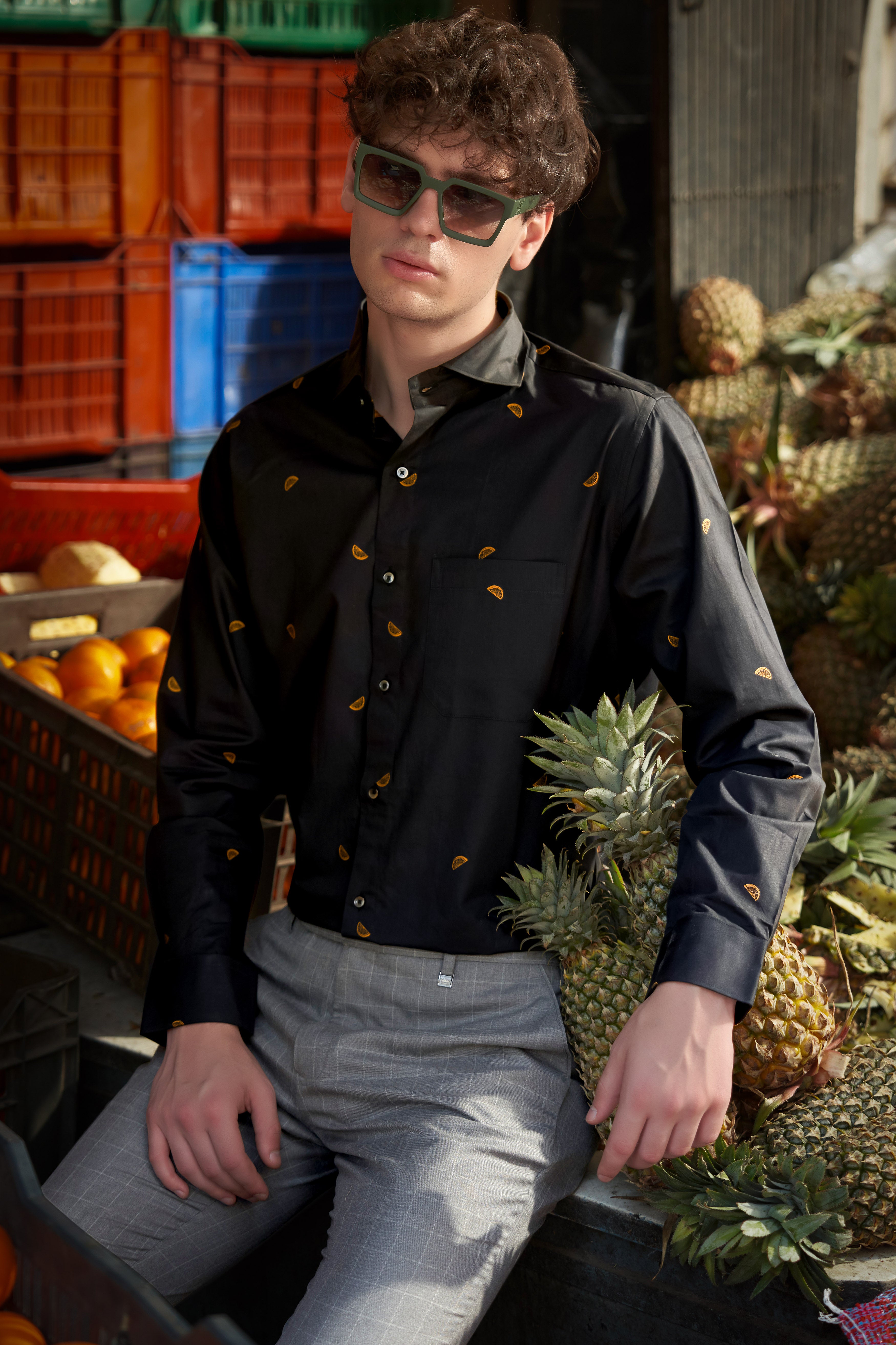 Citrus-Jade Black Orange Jacquard Textured Premium Cotton Dress Shirt