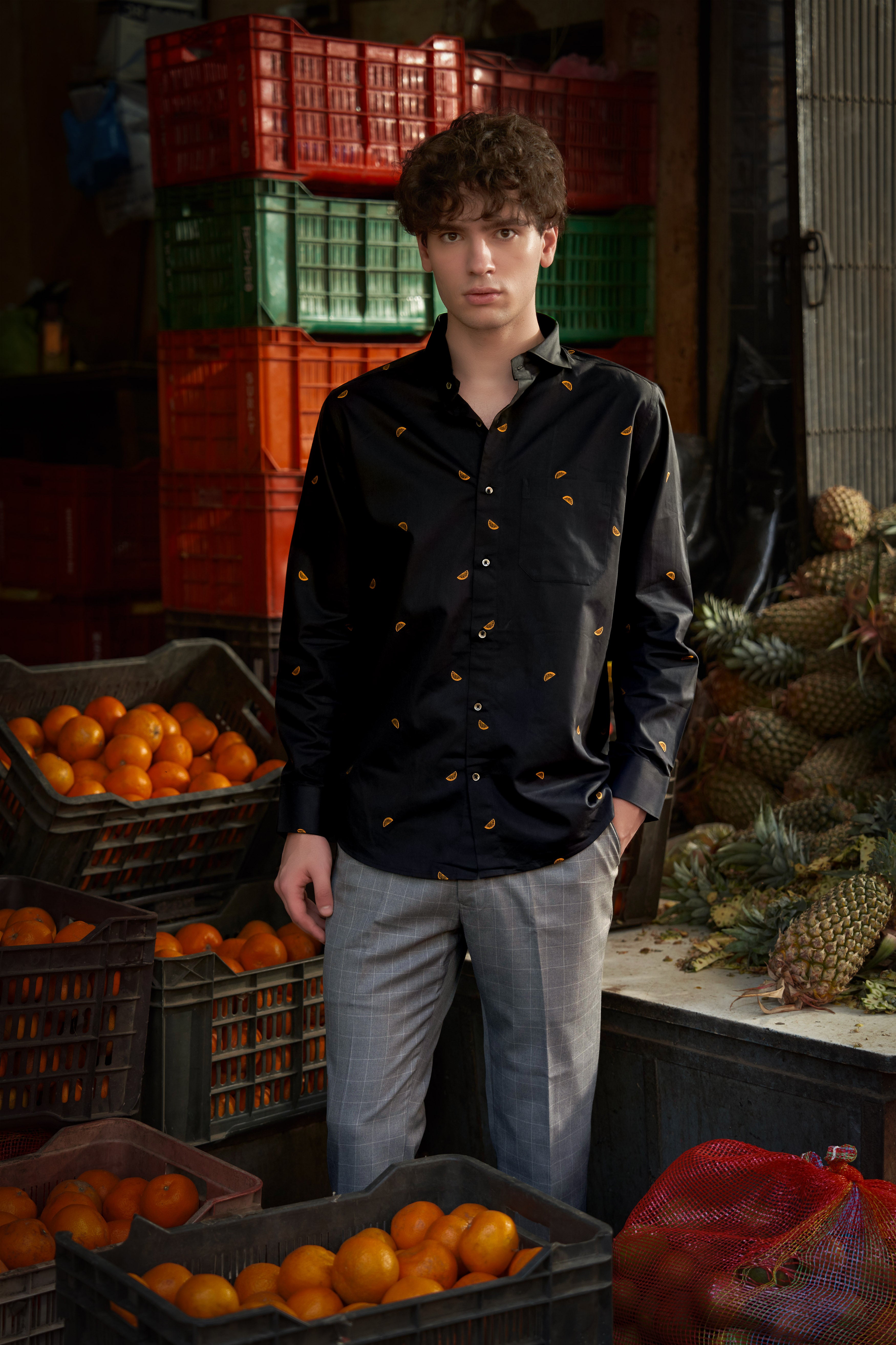 Citrus-Jade Black Orange Jacquard Textured Premium Cotton Dress Shirt