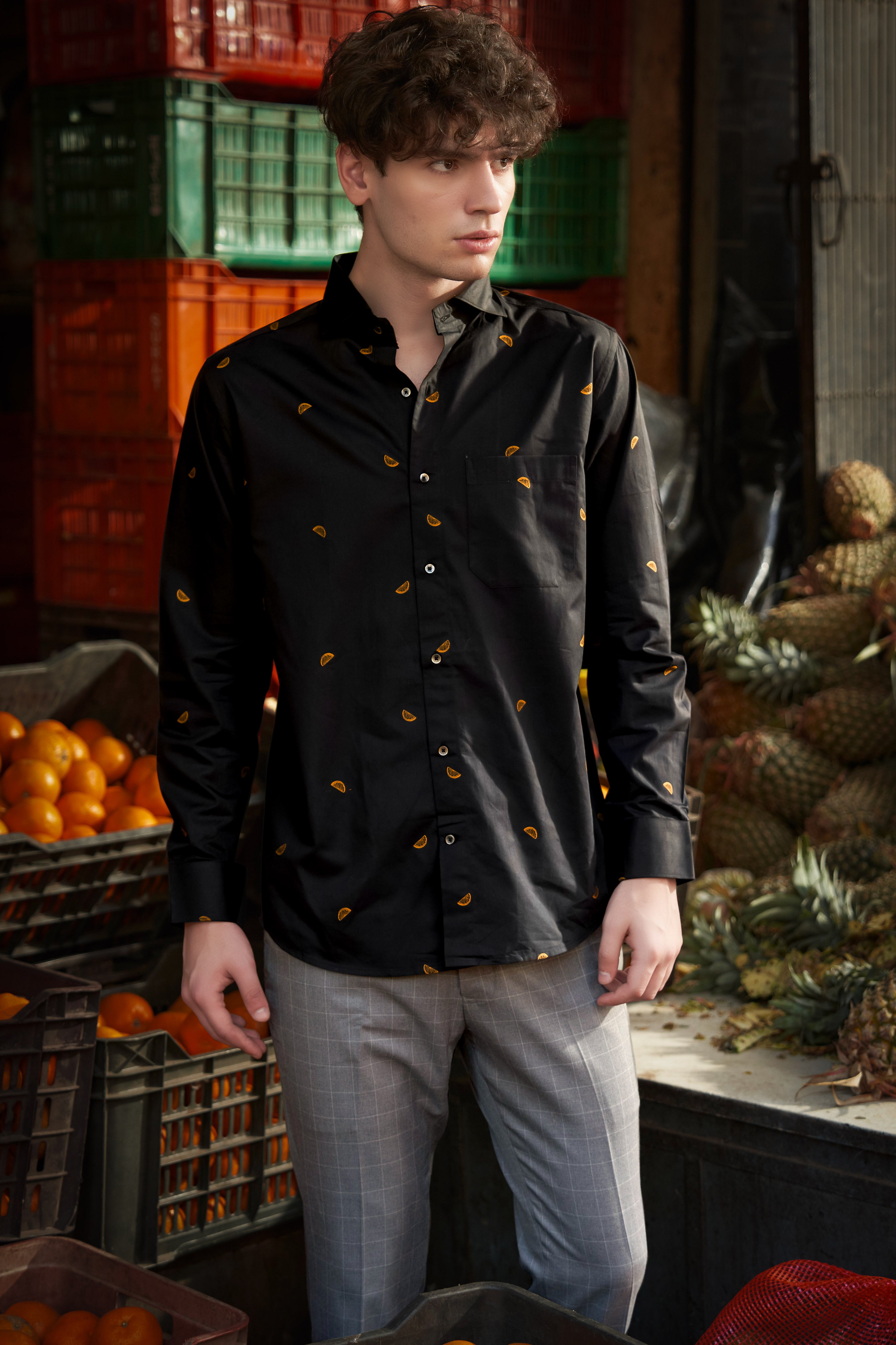 Citrus-Jade Black Orange Jacquard Textured Premium Cotton Dress Shirt