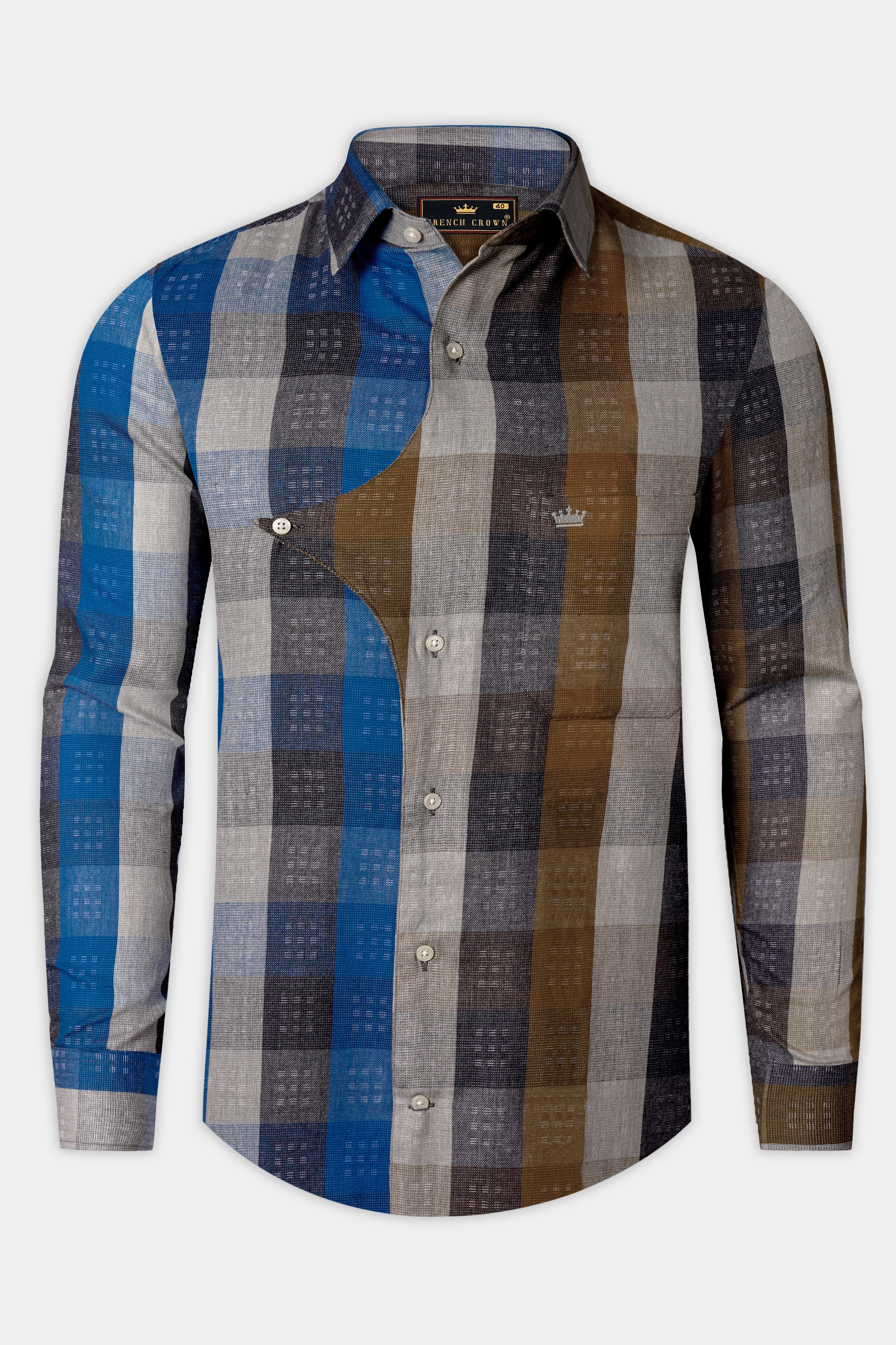 Tidal Fawn-Lapis Blue And Shingle Brown Plaid Dobby Textured Premium Giza Cotton Casual Designer Shirt