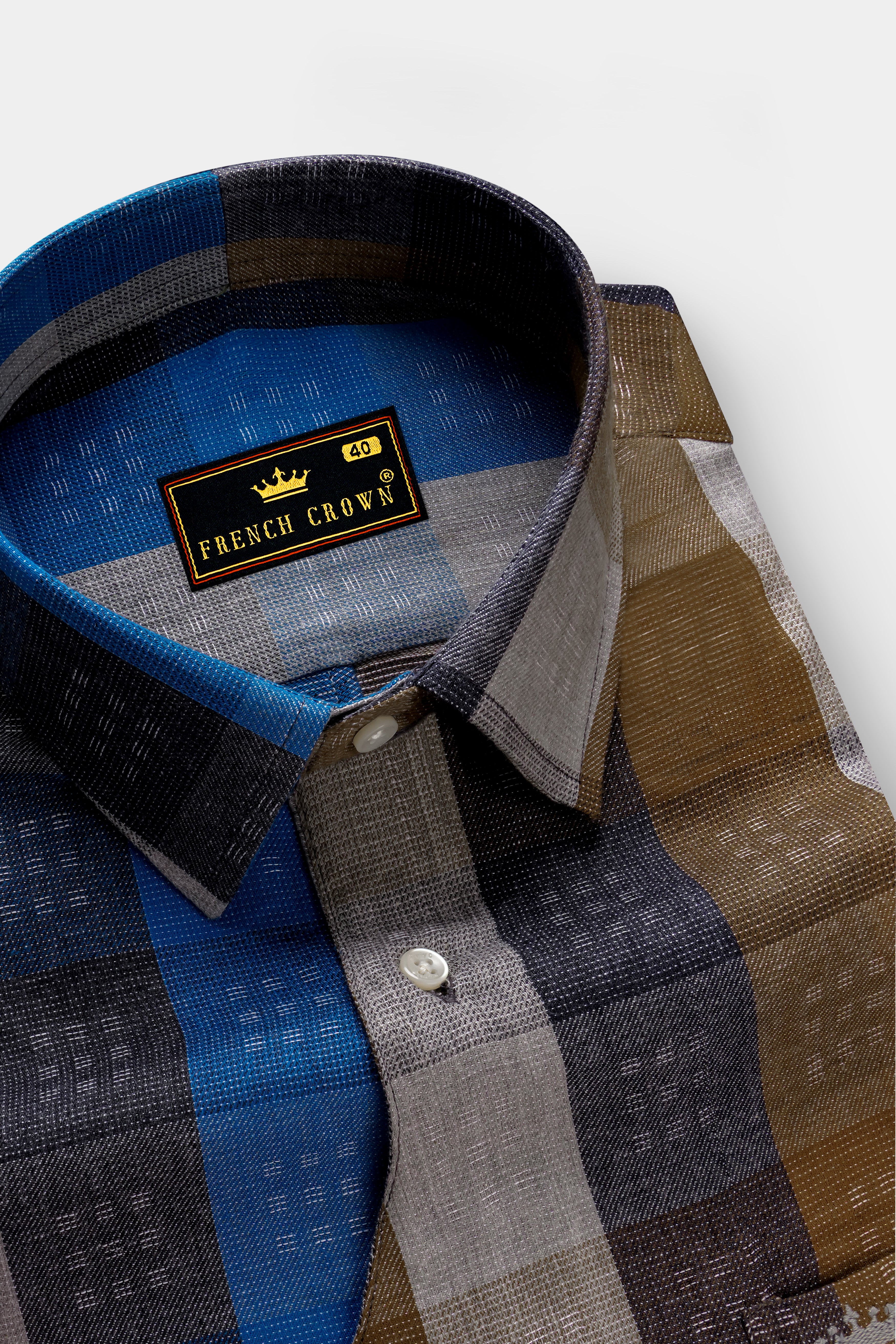 Tidal Fawn-Lapis Blue And Shingle Brown Plaid Dobby Textured Premium Giza Cotton Casual Designer Shirt