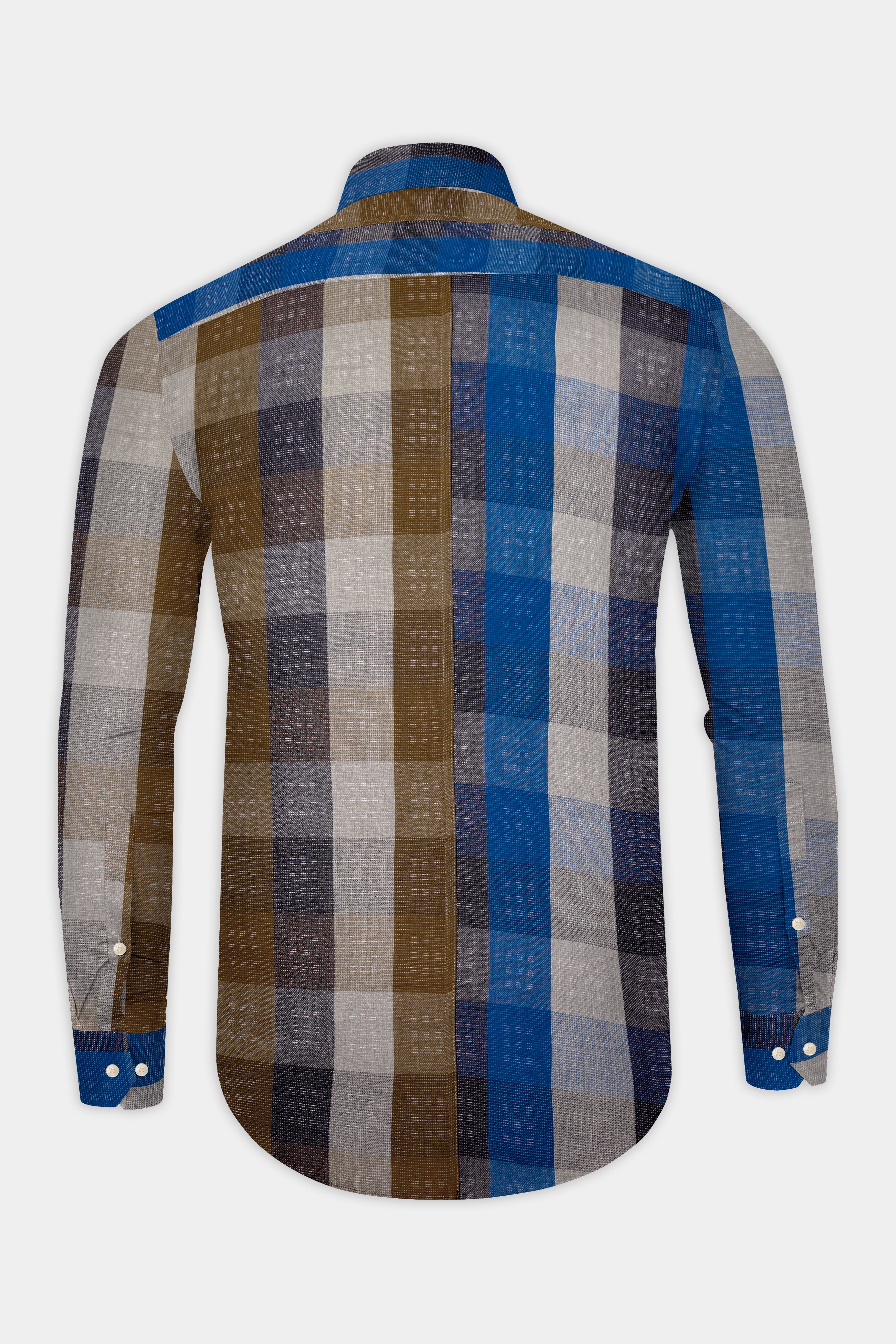 Tidal Fawn-Lapis Blue And Shingle Brown Plaid Dobby Textured Premium Giza Cotton Casual Designer Shirt