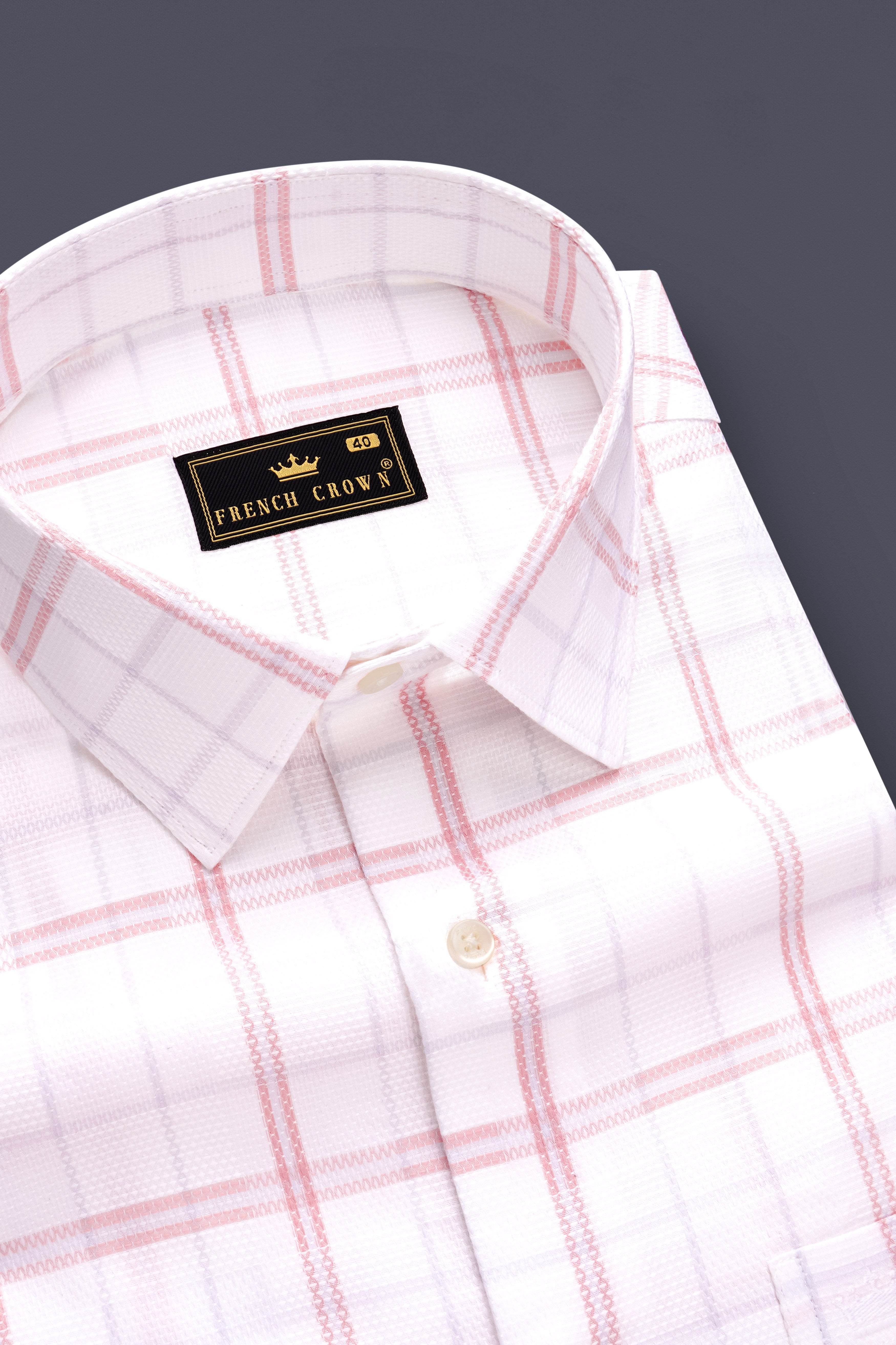 Rose-Azalea Pink And Bright White Plaid Dobby Textured Premium Giza Cotton Dress Shirt