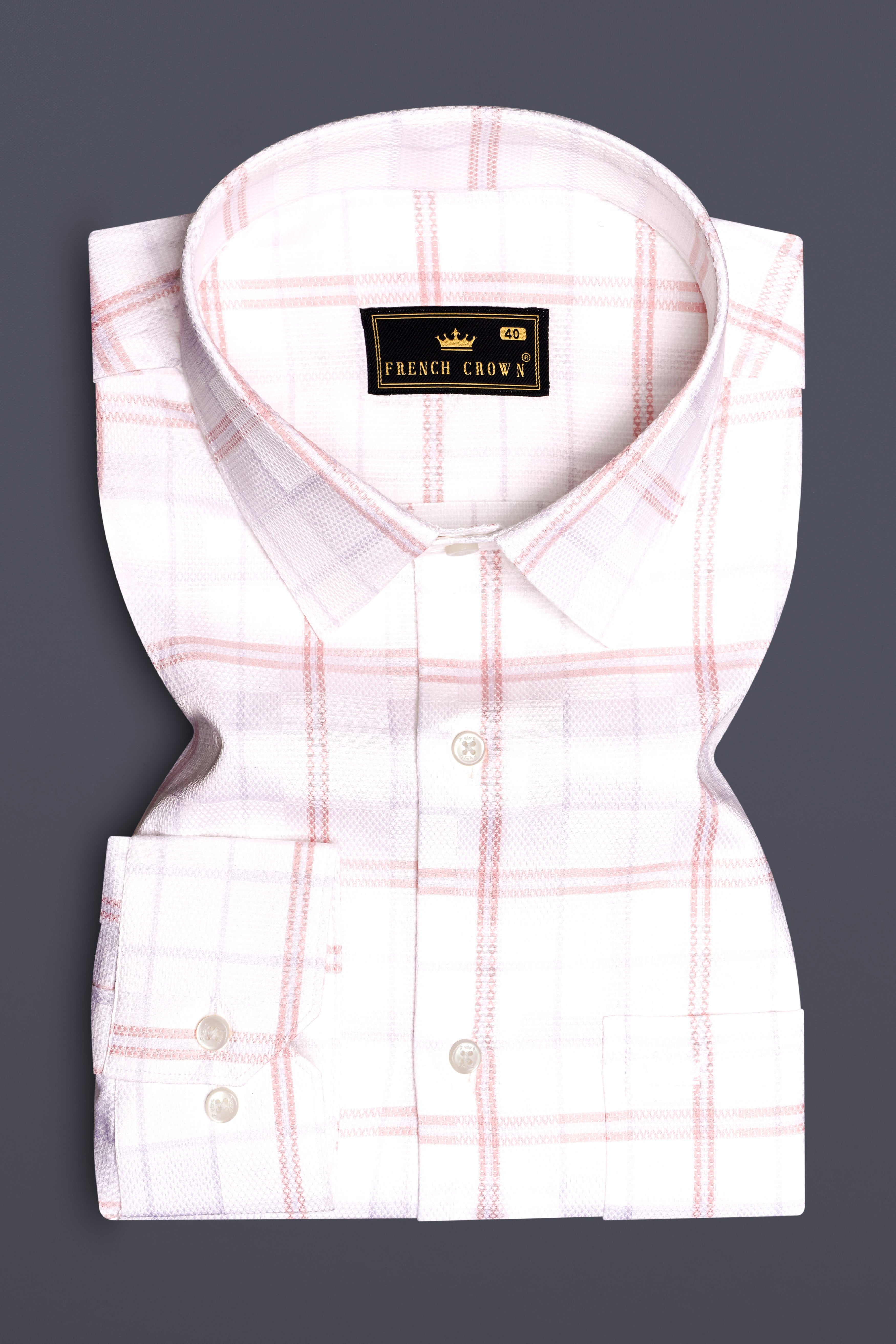 Rose-Azalea Pink And Bright White Plaid Dobby Textured Premium Giza Cotton Dress Shirt