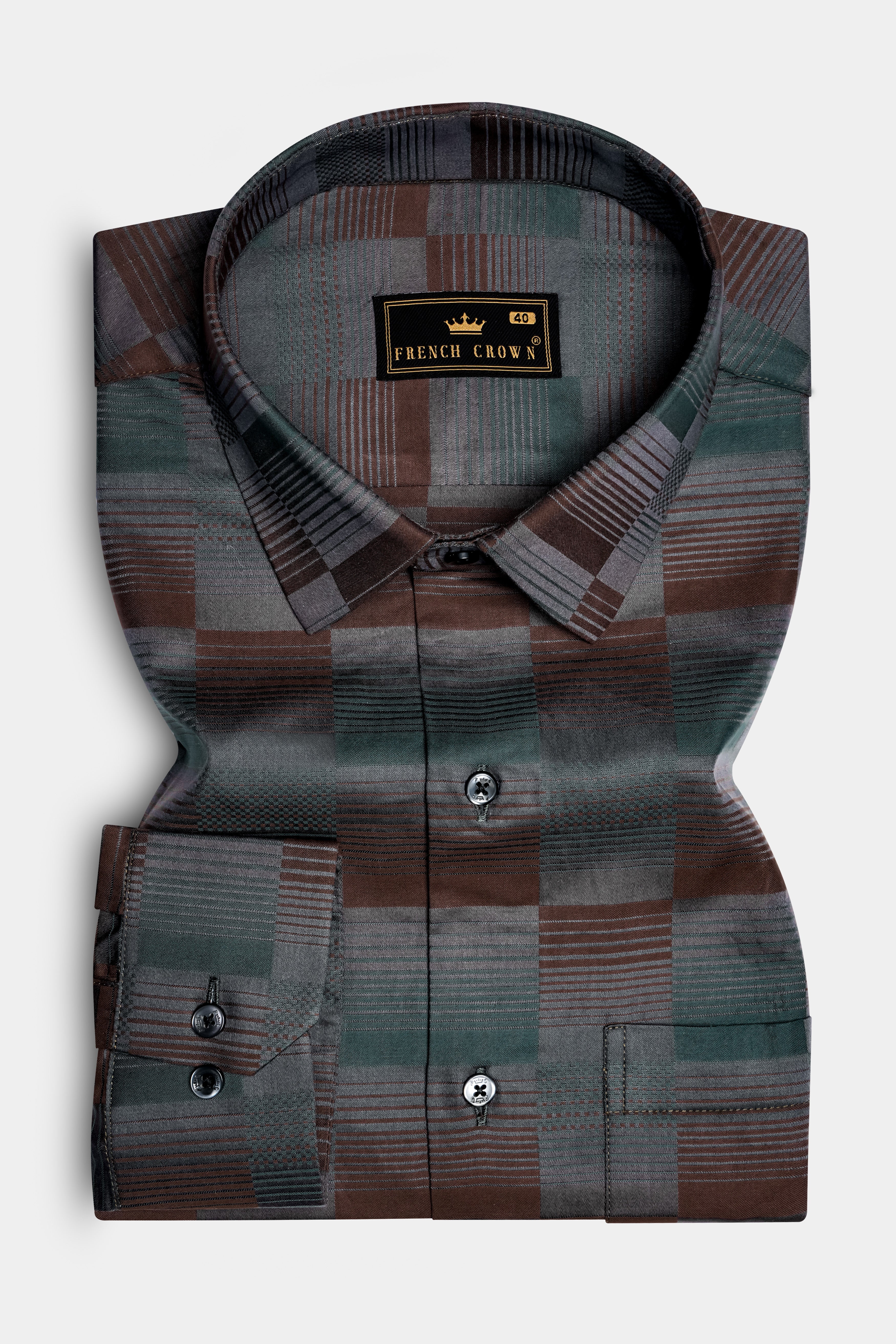 TimberLine-Bistre Brown And Plantation Green Barcode stripes Jacquard Textured Premium Cotton Dress Shirt