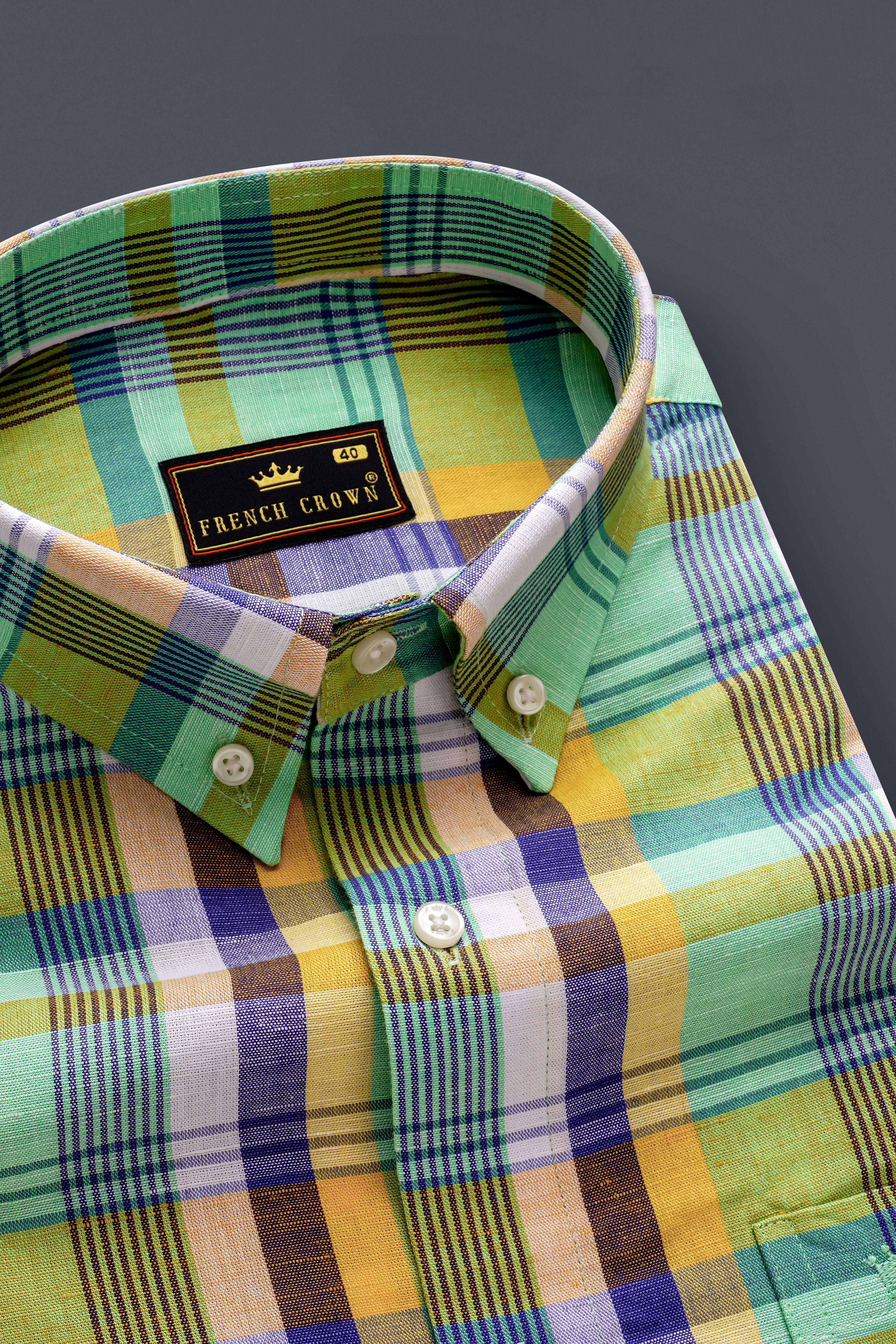 VerdantGrid-Vista Green And Jacarta Blue Plaid Premium Luxuries Linen Casual Shirt