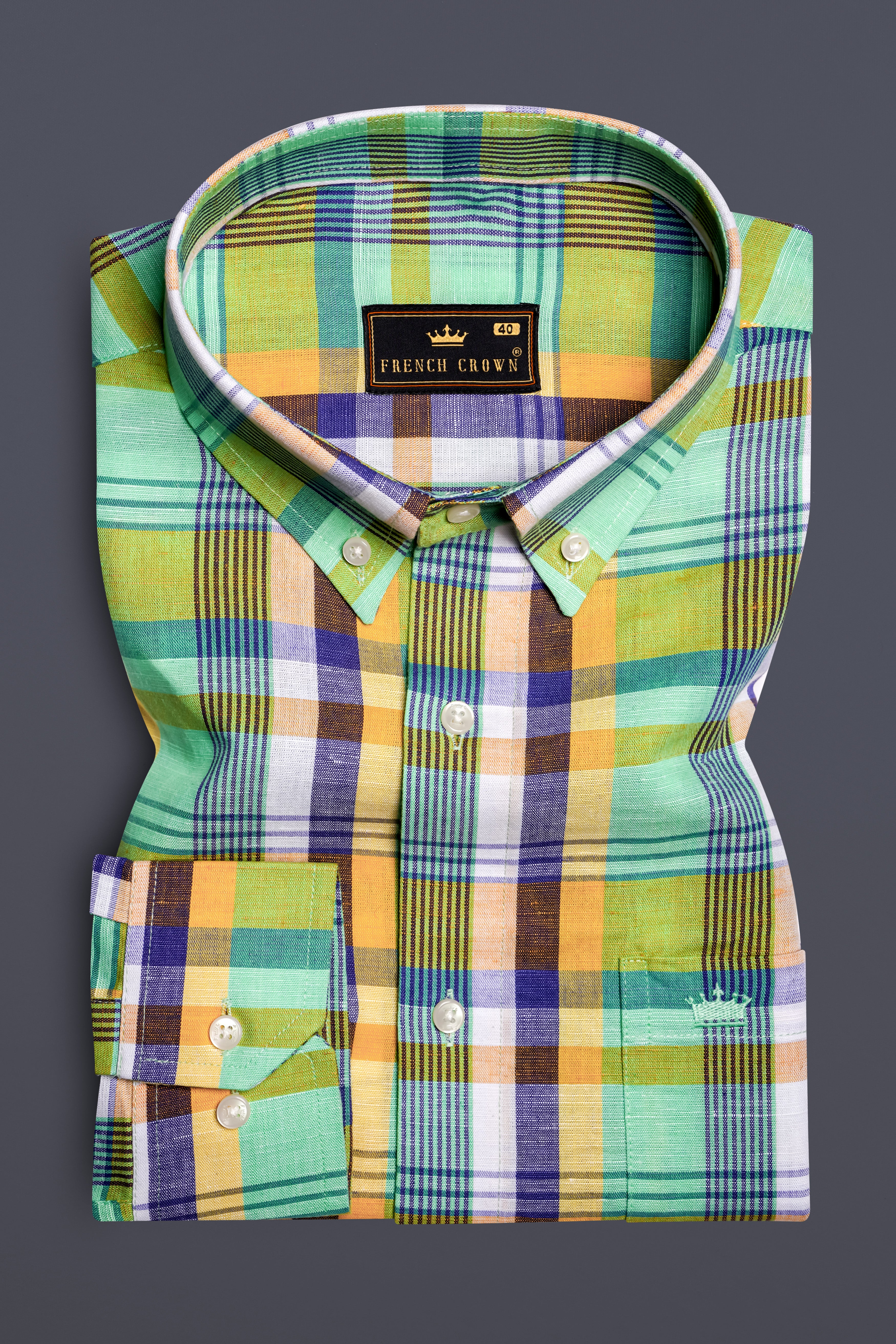 VerdantGrid-Vista Green And Jacarta Blue Plaid Premium Luxuries Linen Casual Shirt