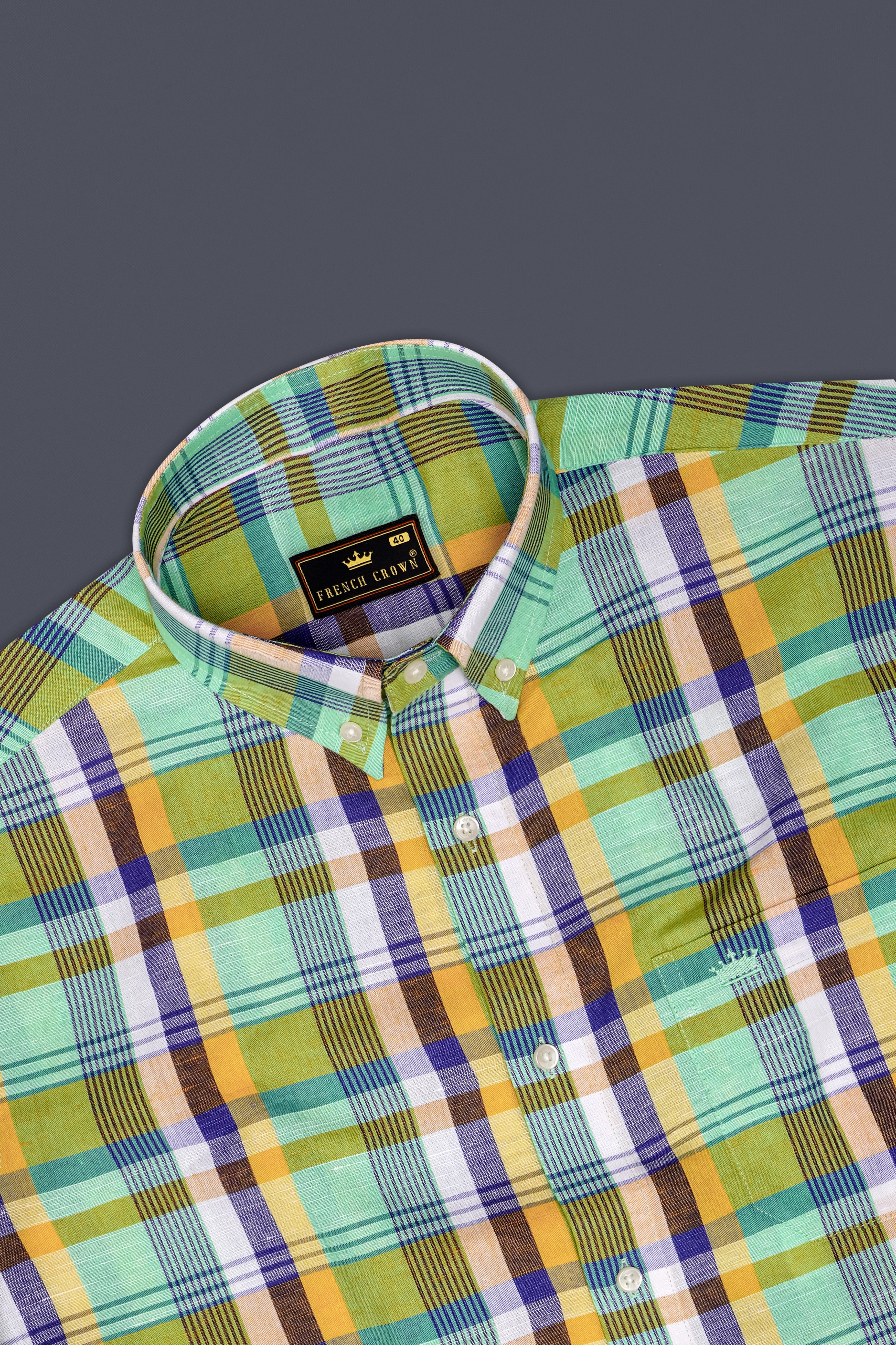 VerdantGrid-Vista Green And Jacarta Blue Plaid Premium Luxuries Linen Casual Shirt