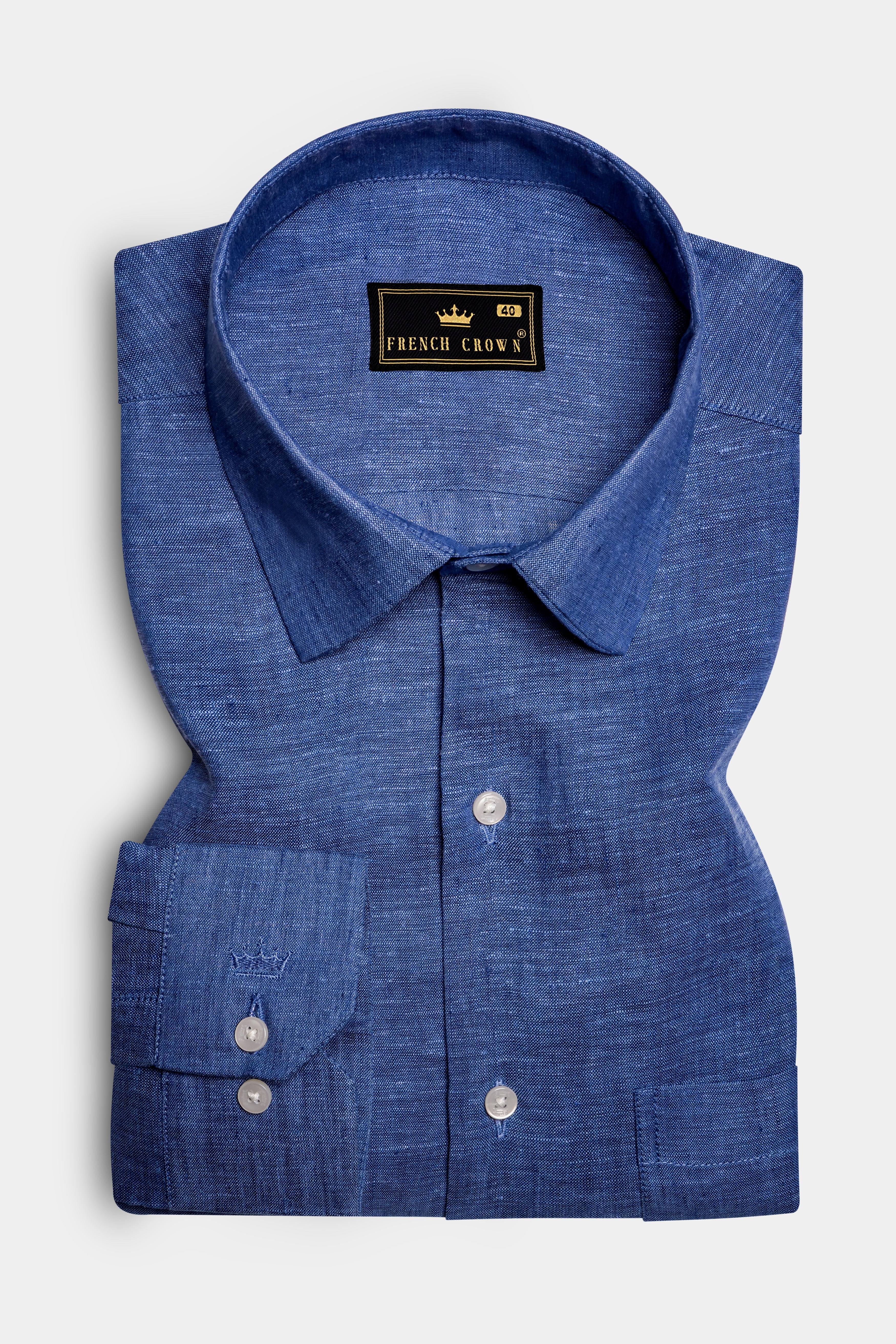 OrbitLuxe-Astronaut Blue Textured Premium Luxuries Linen Dress Shirt