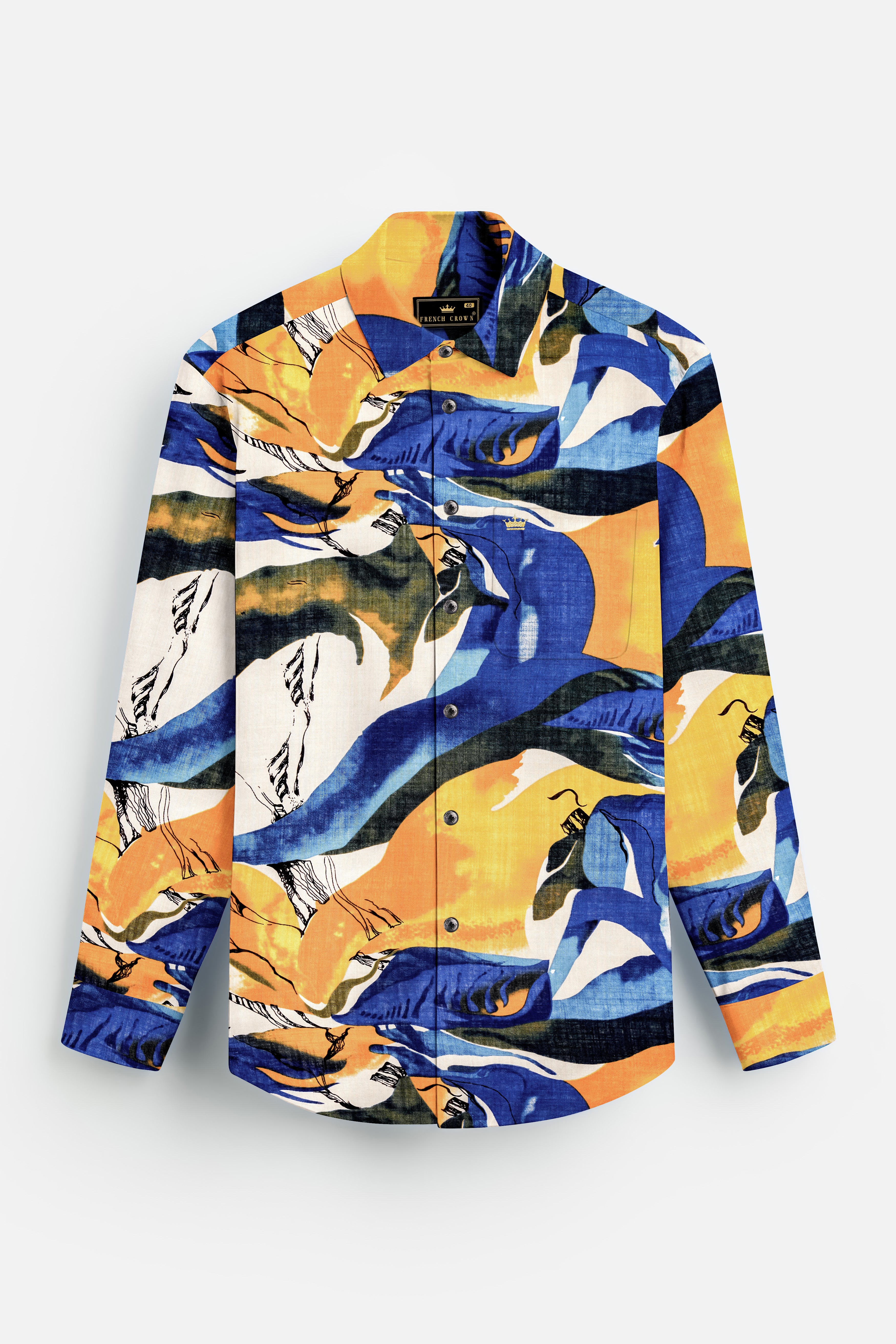 ZestyAzure-Saffron Yellow with Cobalt Blue Funky Printed Lightweight Premium Cotton Multicolor Casual Shirt