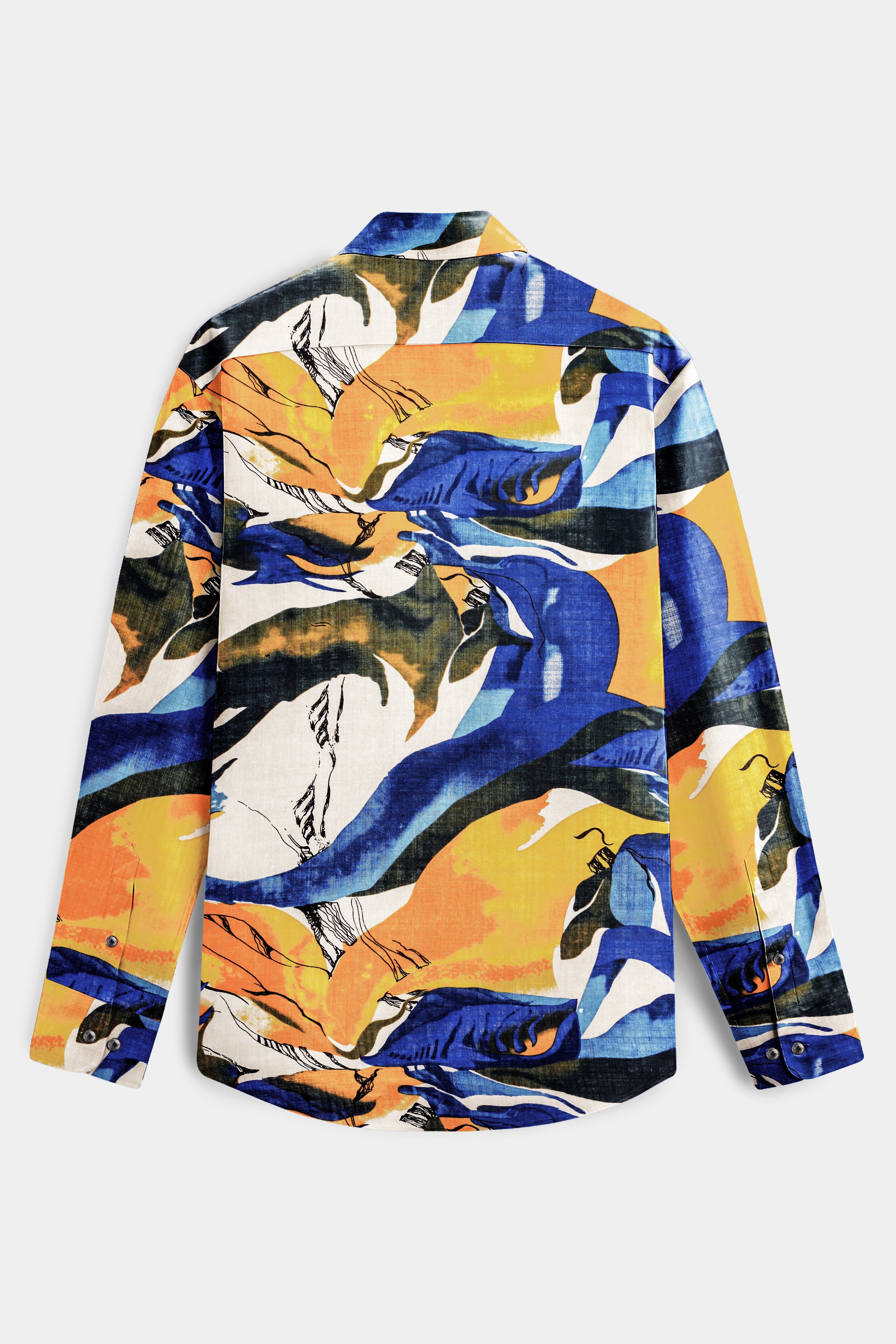ZestyAzure-Saffron Yellow with Cobalt Blue Funky Printed Lightweight Premium Cotton Multicolor Casual Shirt
