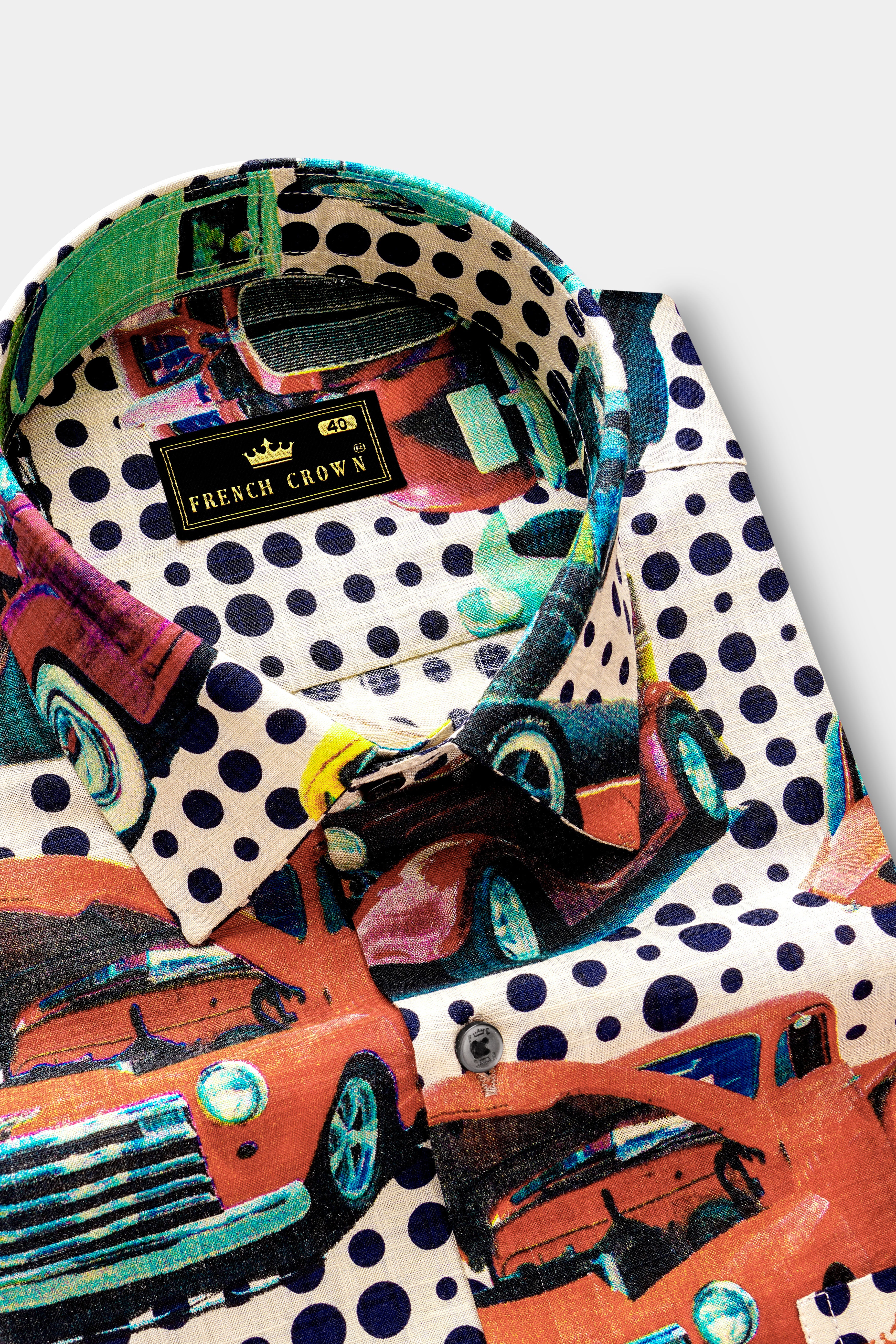 CruiseVibe-Merino Cream and Grapefruit Red Car Printed Lightweight Premium Cotton Multicolor Casual Shirt