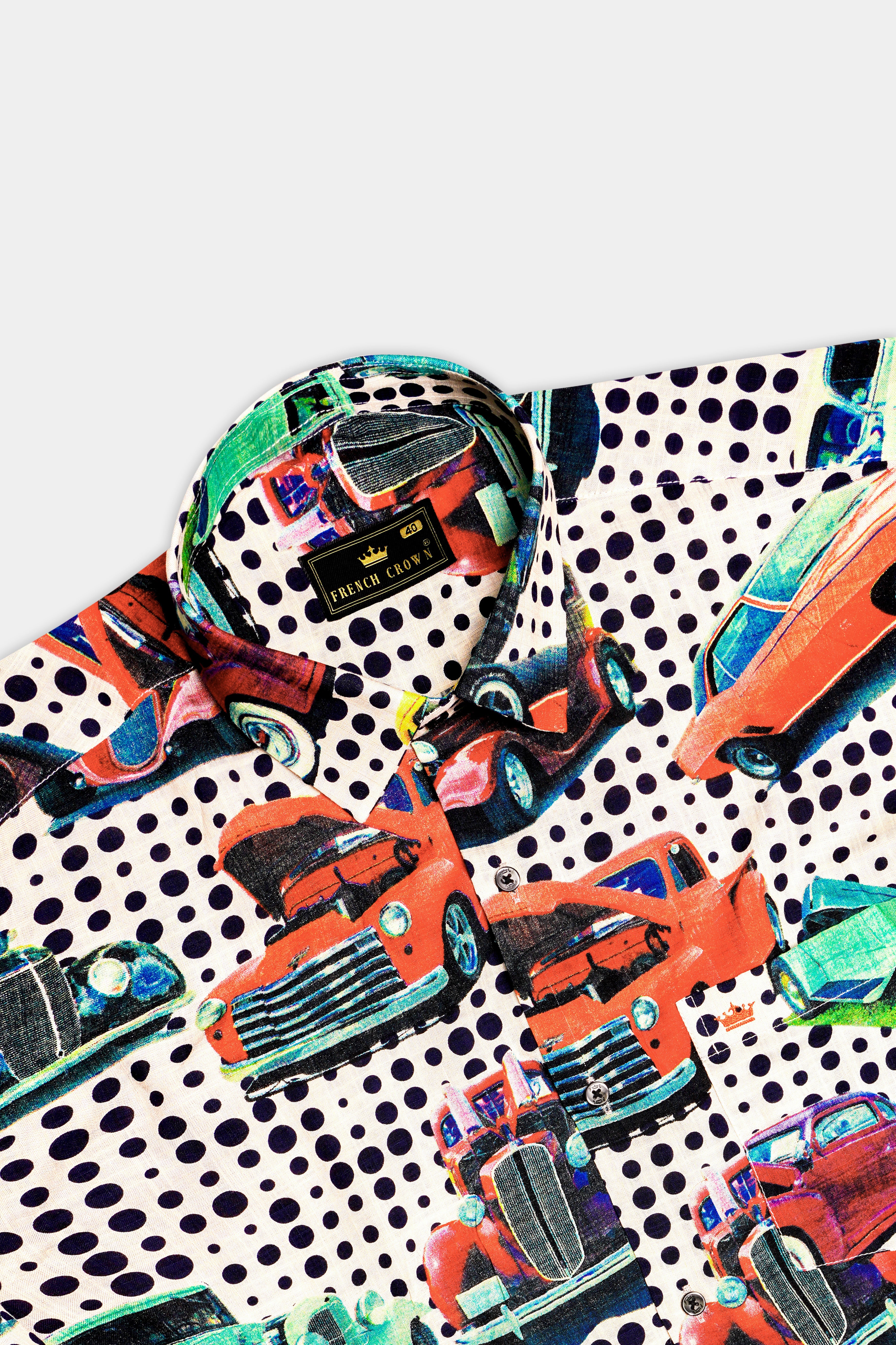 CruiseVibe-Merino Cream and Grapefruit Red Car Printed Lightweight Premium Cotton Multicolor Casual Shirt