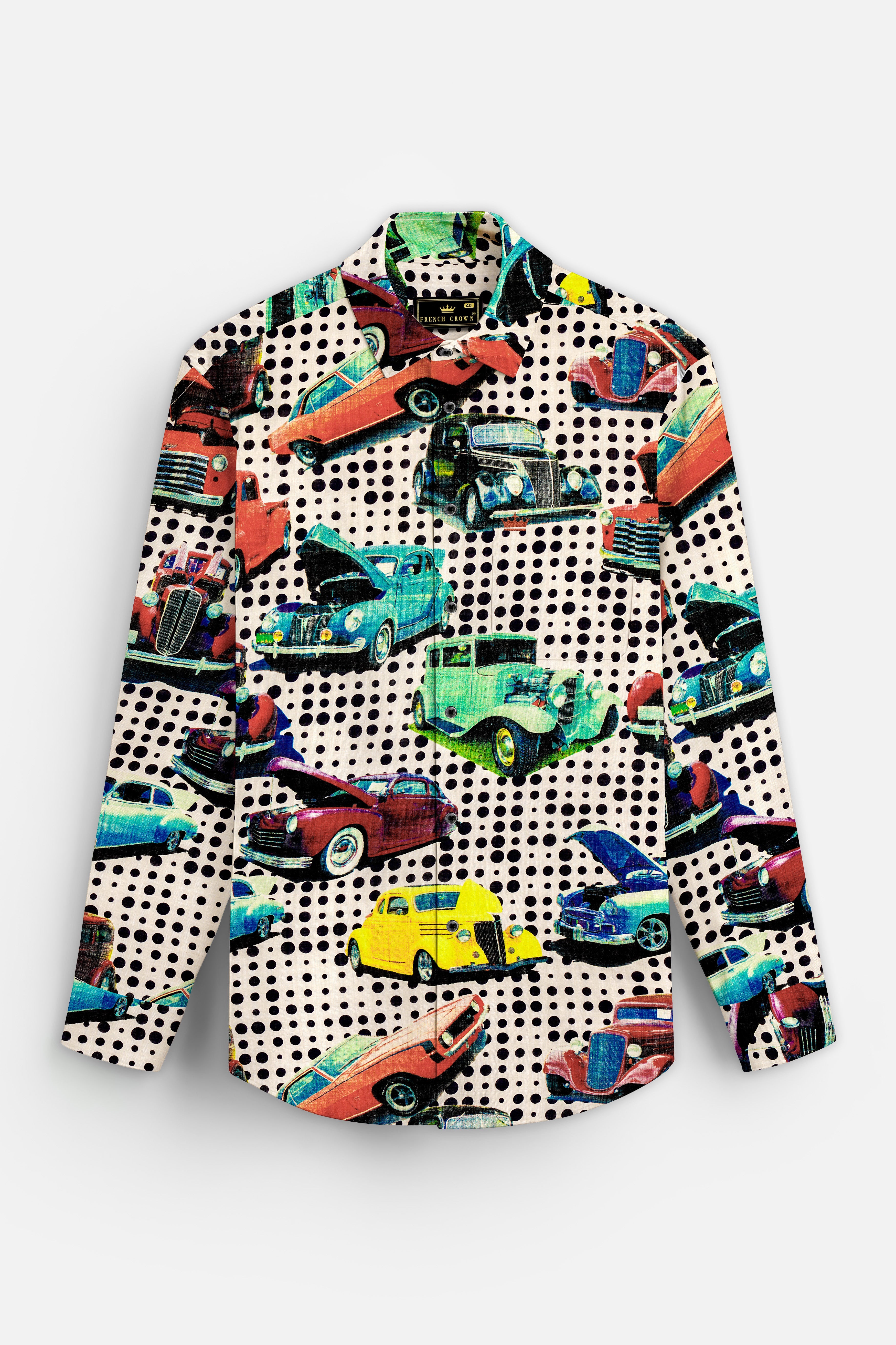 CruiseVibe-Merino Cream and Grapefruit Red Car Printed Lightweight Premium Cotton Multicolor Casual Shirt