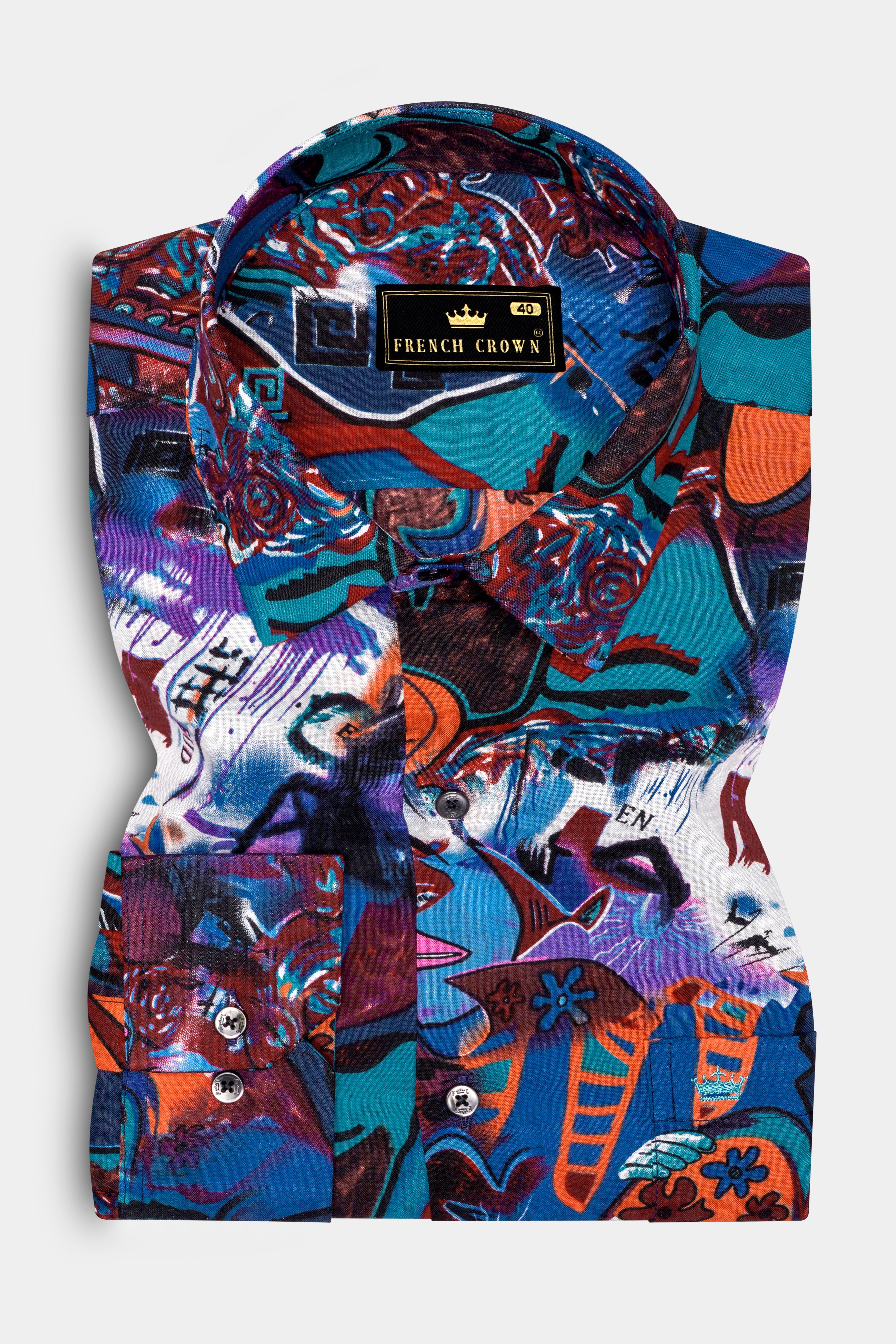 BlueEclipse-Cyan Blue Multicolor Abstract Printed Lightweight Premium Cotton Casual Shirts