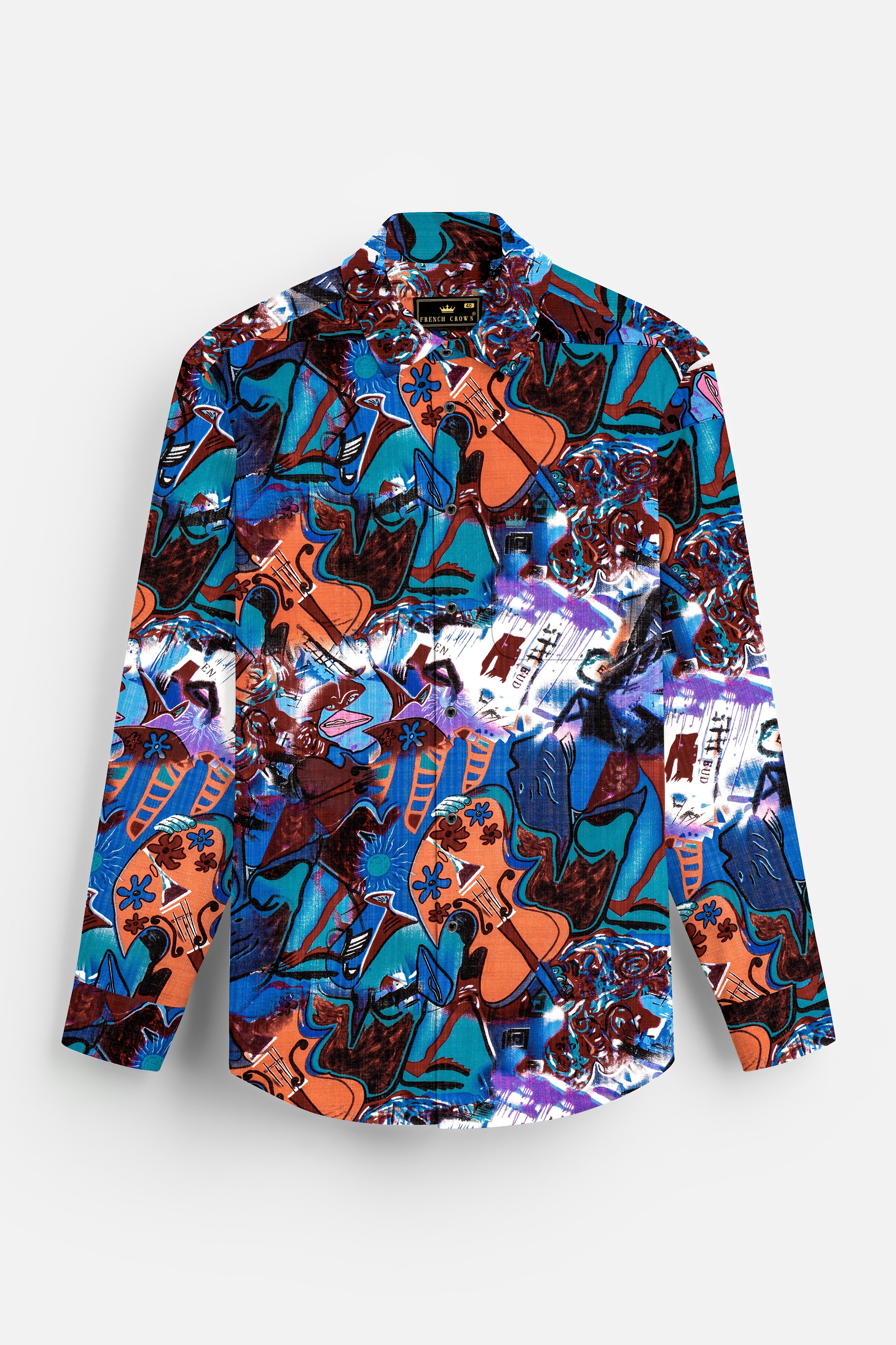 BlueEclipse-Cyan Blue Multicolor Abstract Printed Lightweight Premium Cotton Casual Shirts