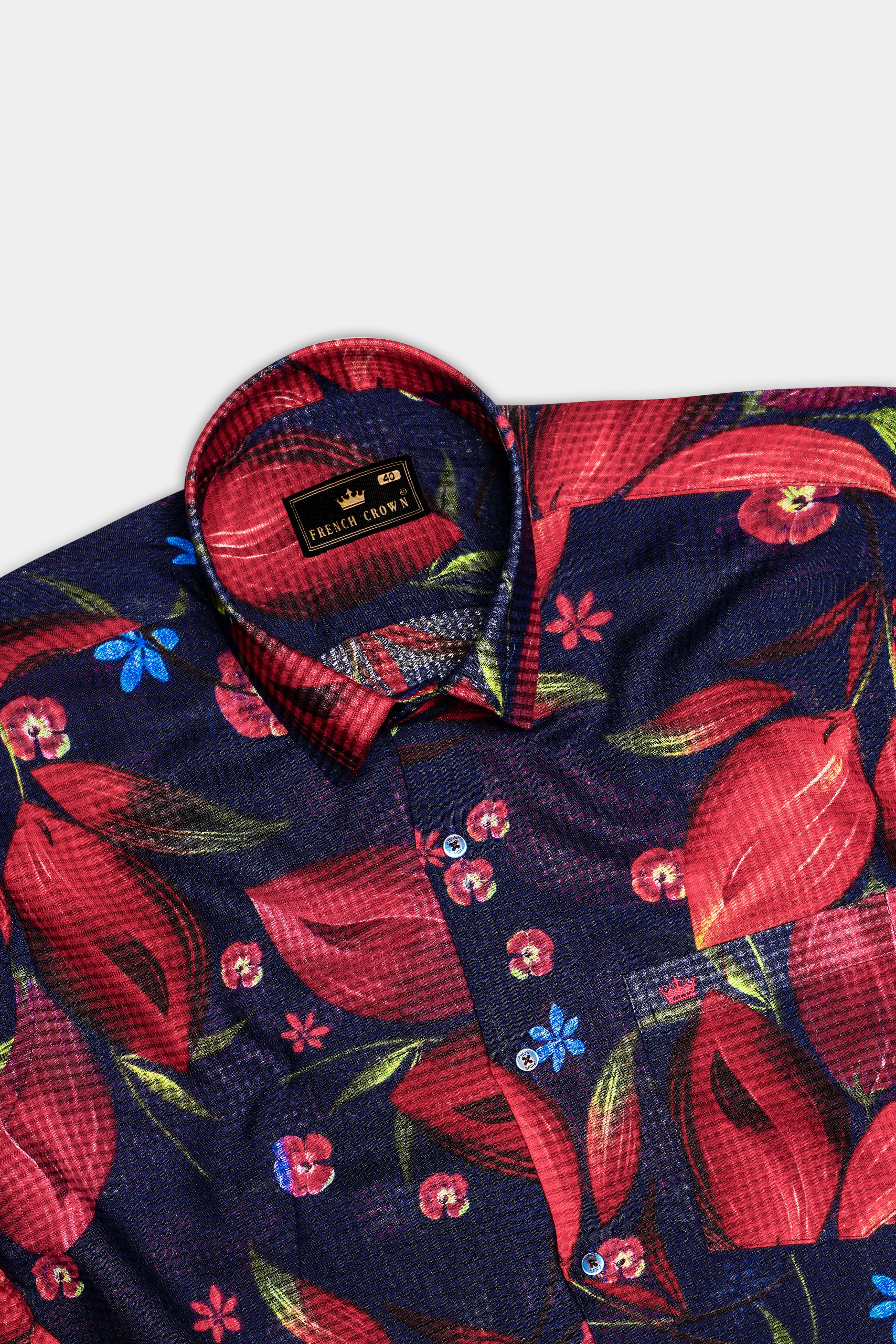 NocturneFlora-Cinder Blue with Mulberry Wine Floral Printed Lightweight Premium Cotton Multicolor Casual Shirt