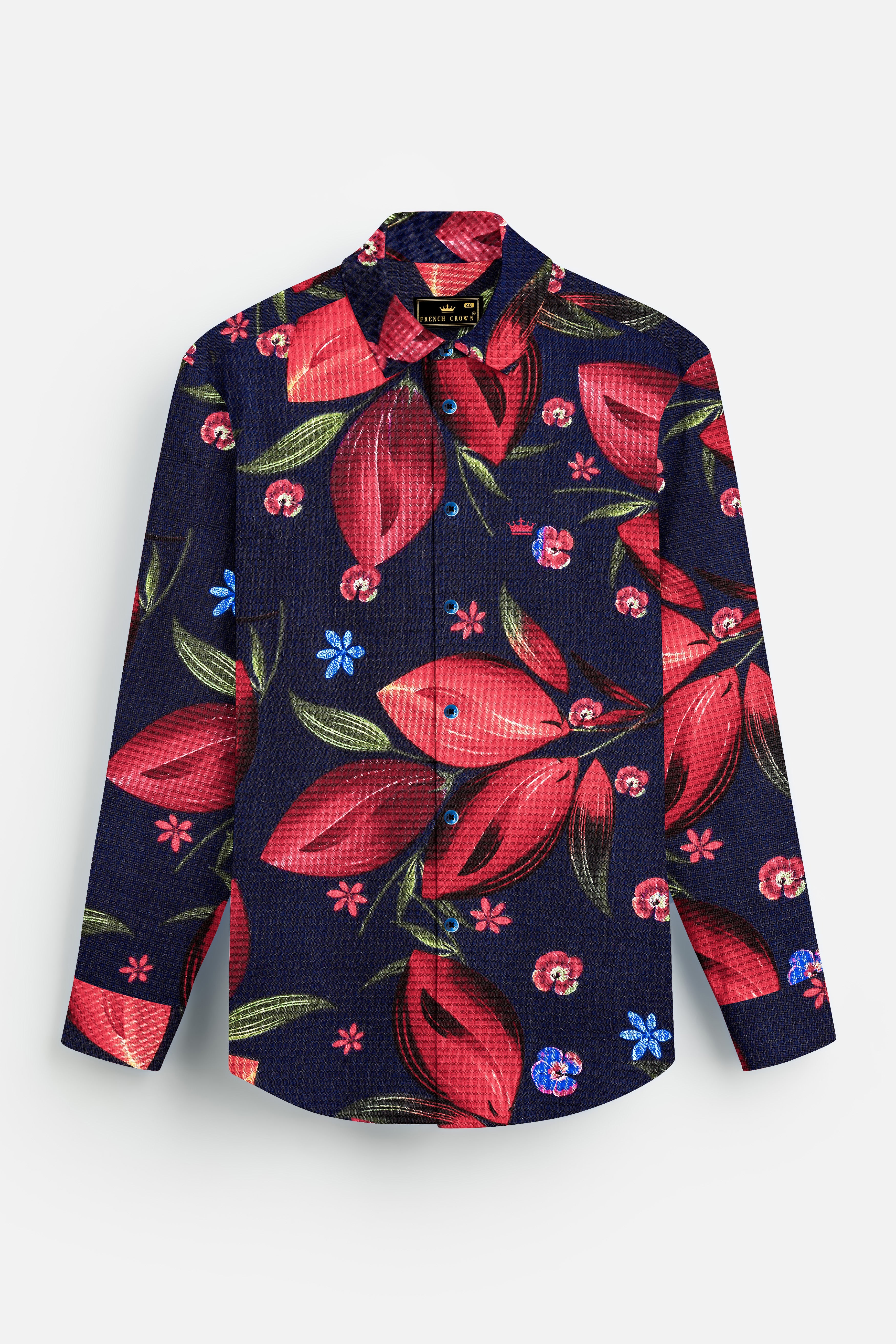 NocturneFlora-Cinder Blue with Mulberry Wine Floral Printed Lightweight Premium Cotton Multicolor Casual Shirt