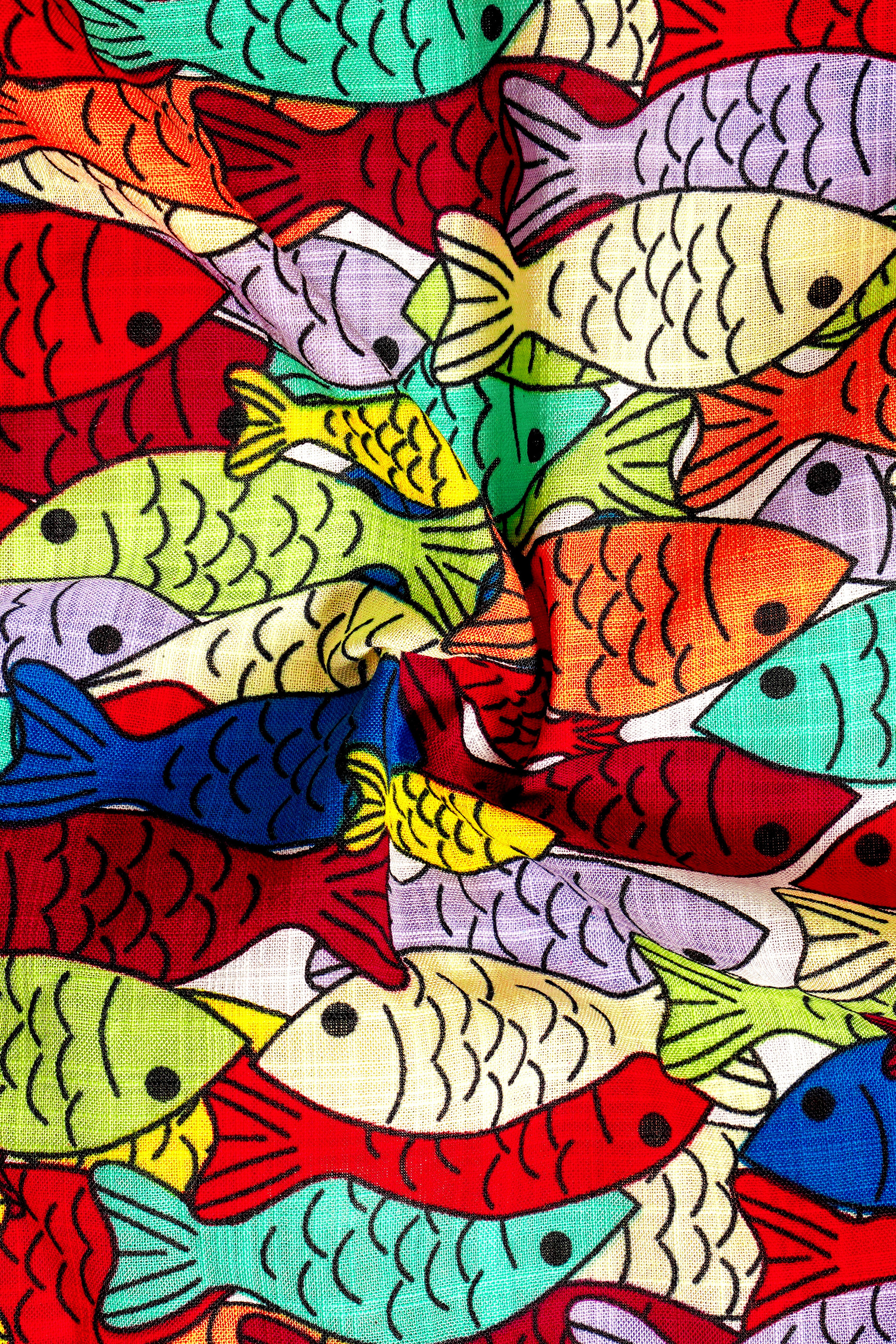 Neptune Rouge-Claret Maroon With Feijoa Green Multicolor Fish Printed Lightweight Premium Cotton Casual Shirt