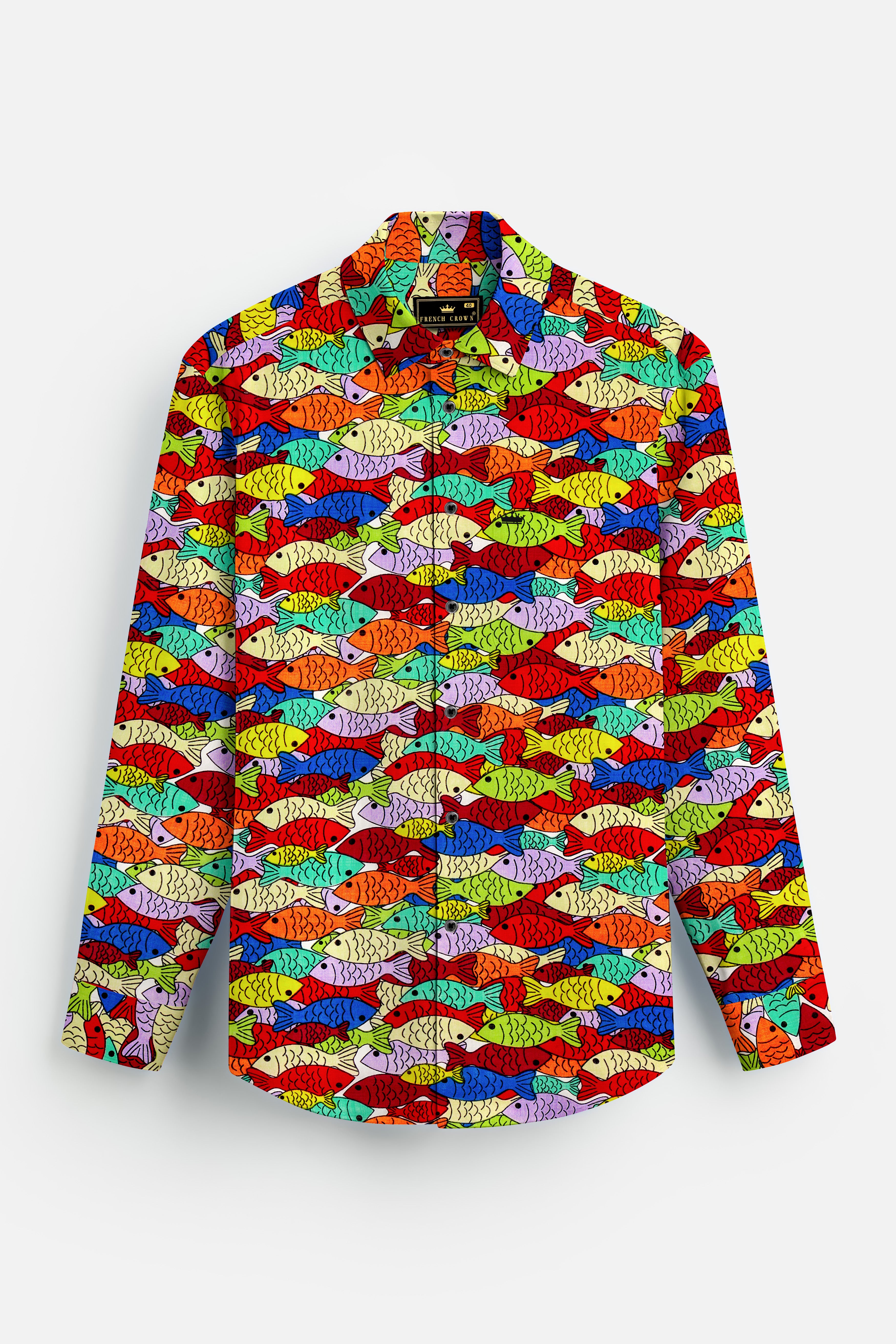Neptune Rouge-Claret Maroon With Feijoa Green Multicolor Fish Printed Lightweight Premium Cotton Casual Shirt