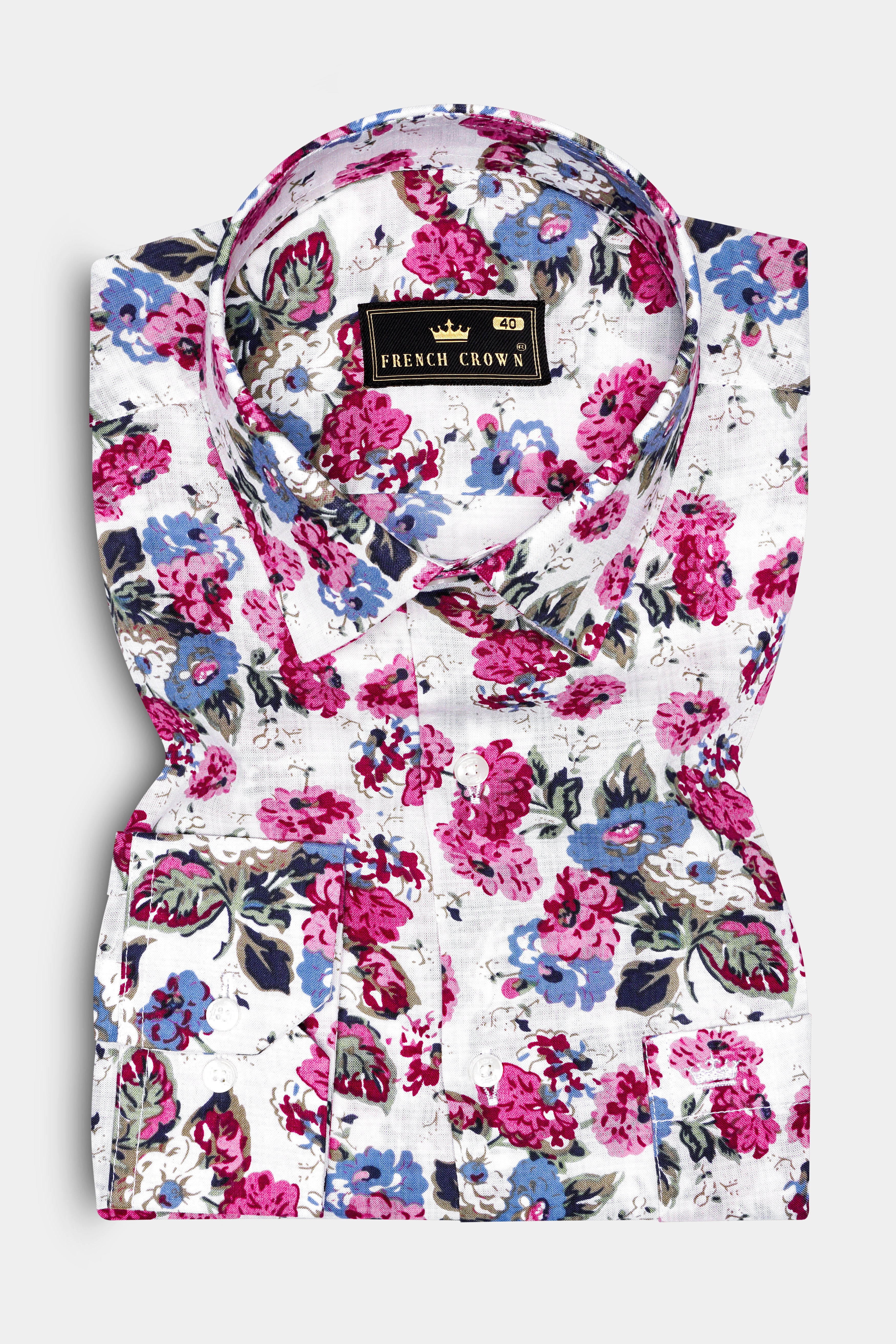 RoseWhimsy-Merino White and Cardinal Pink Floral Printed Lightweight Premium Cotton Shirt