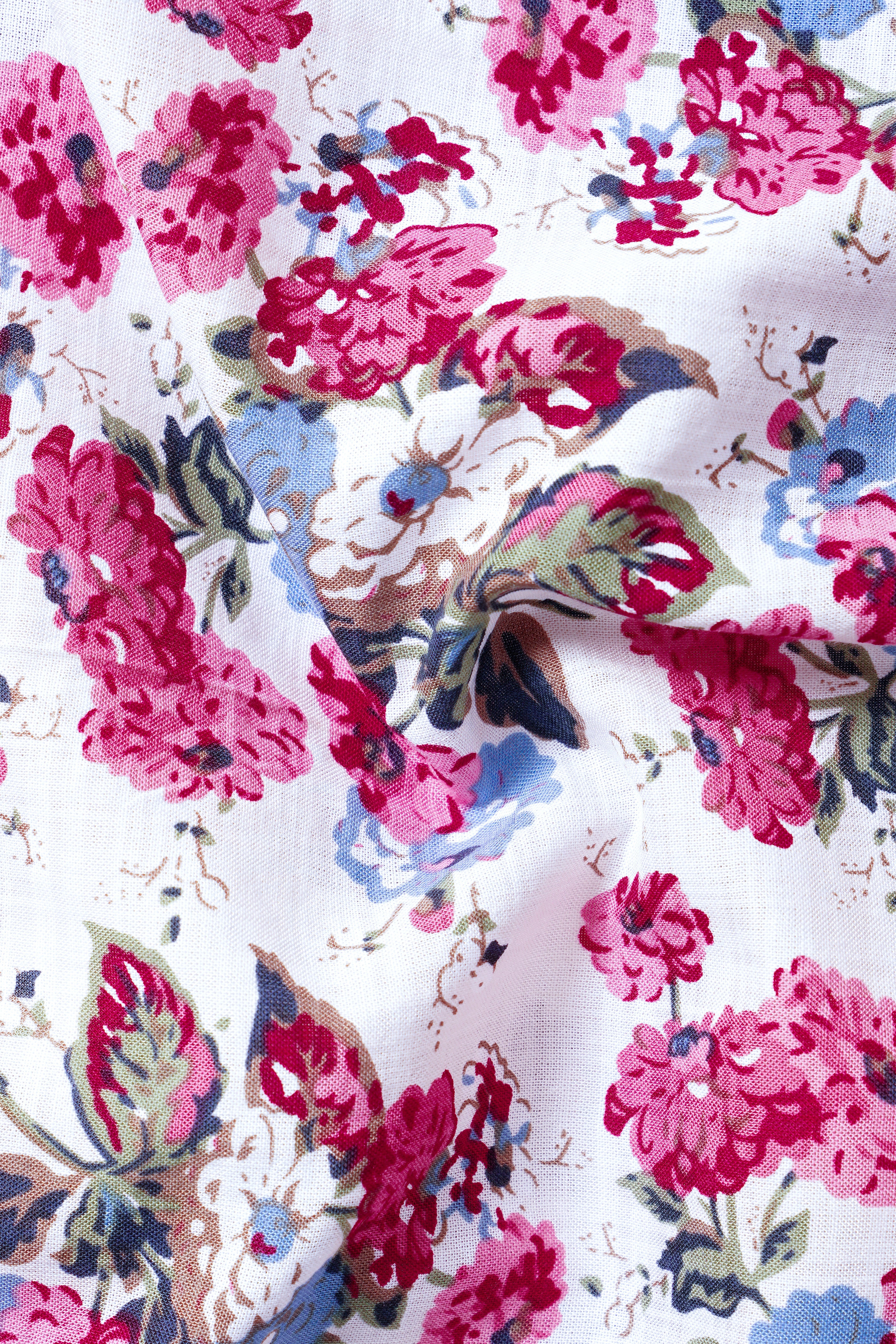 RoseWhimsy-Merino White and Cardinal Pink Floral Printed Lightweight Premium Cotton Shirt