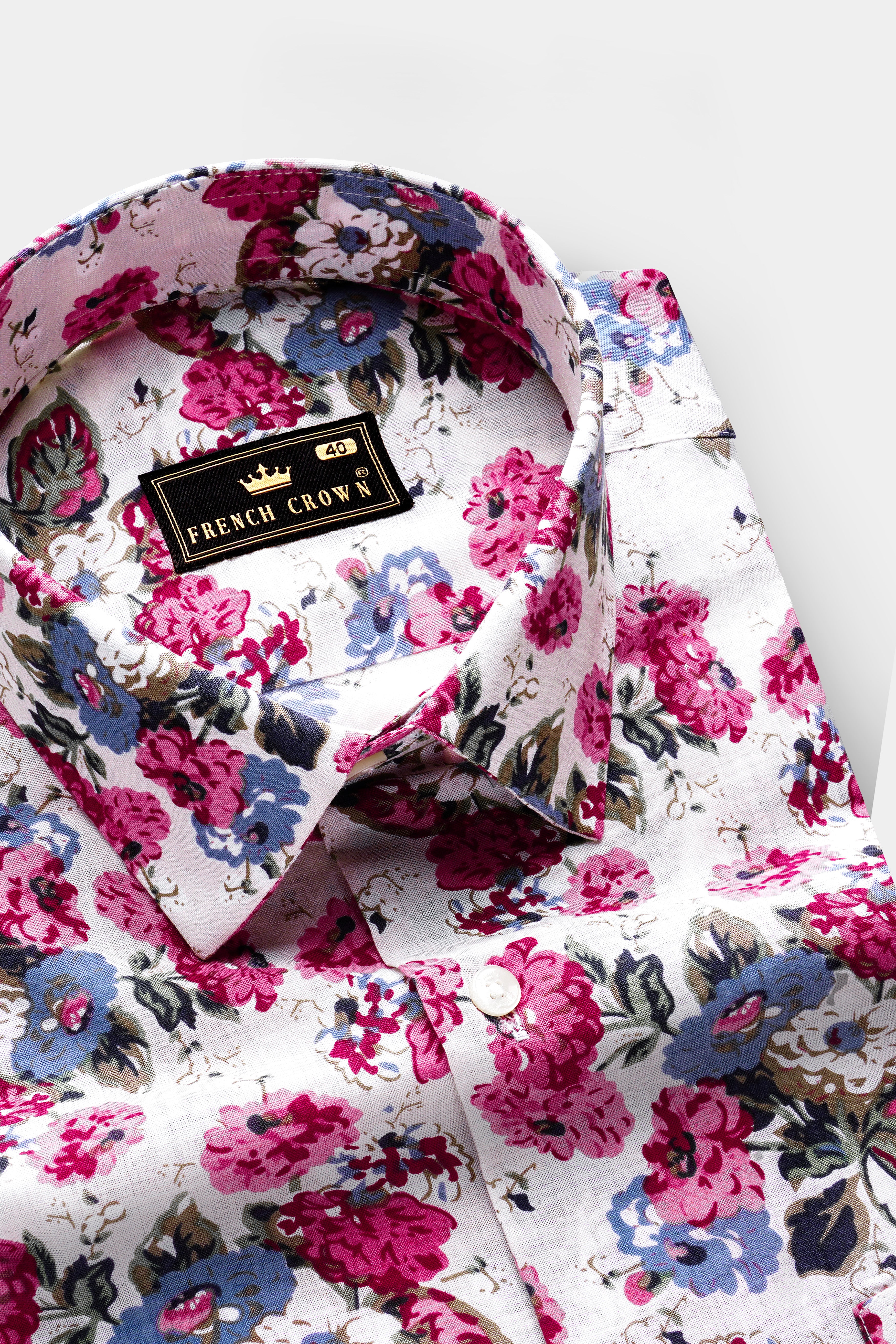 RoseWhimsy-Merino White and Cardinal Pink Floral Printed Lightweight Premium Cotton Shirt