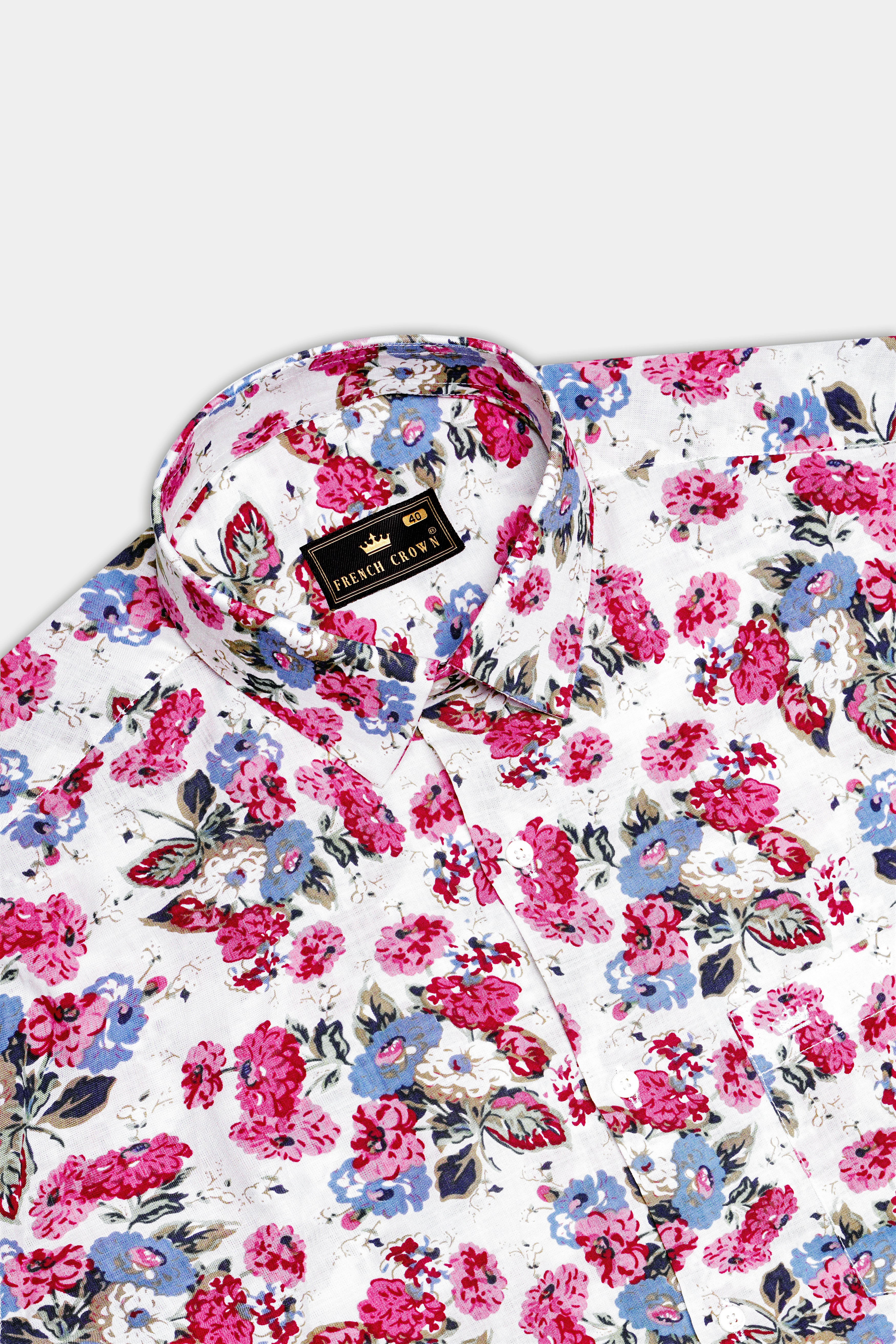RoseWhimsy-Merino White and Cardinal Pink Floral Printed Lightweight Premium Cotton Shirt