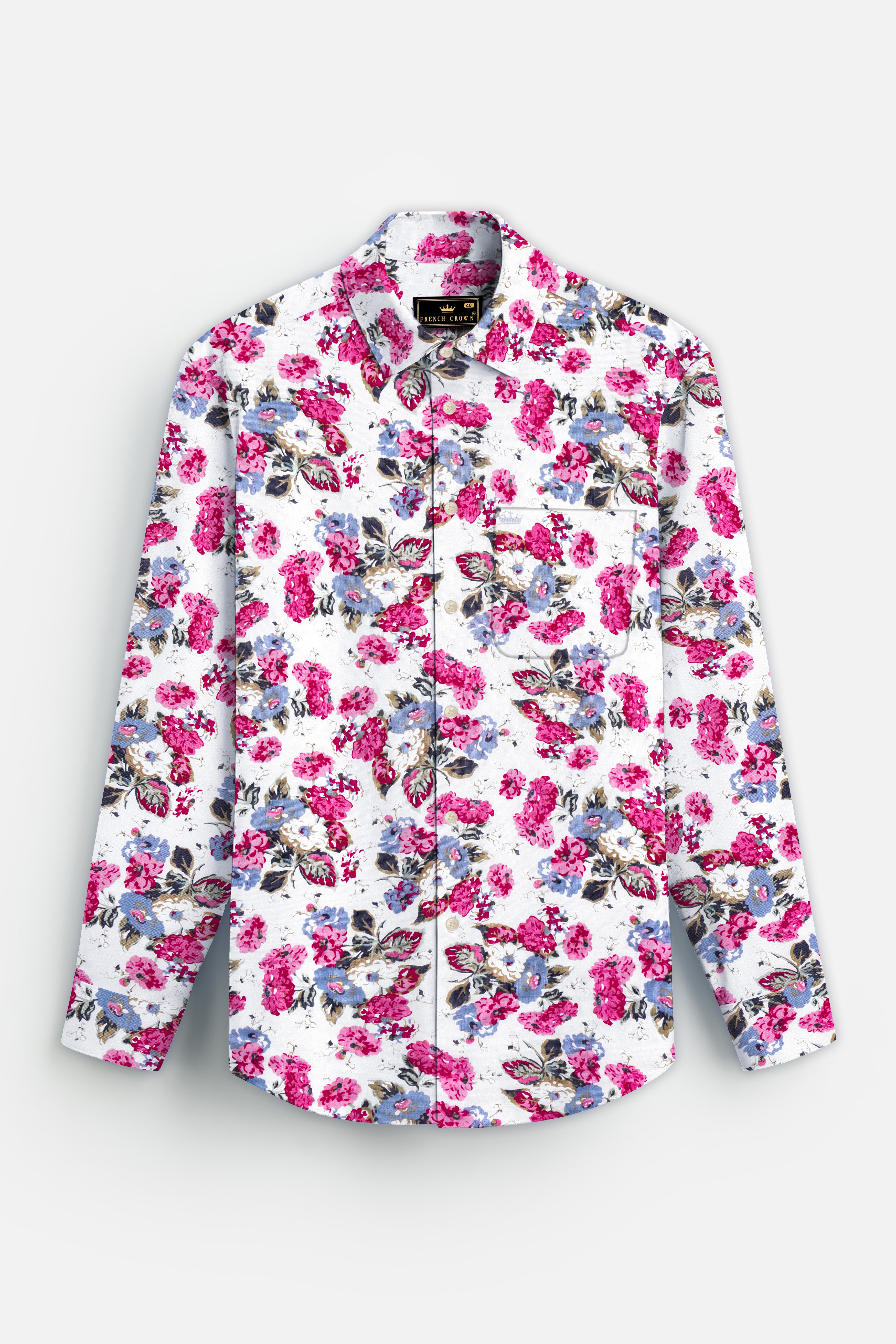 RoseWhimsy-Merino White and Cardinal Pink Floral Printed Lightweight Premium Cotton Shirt