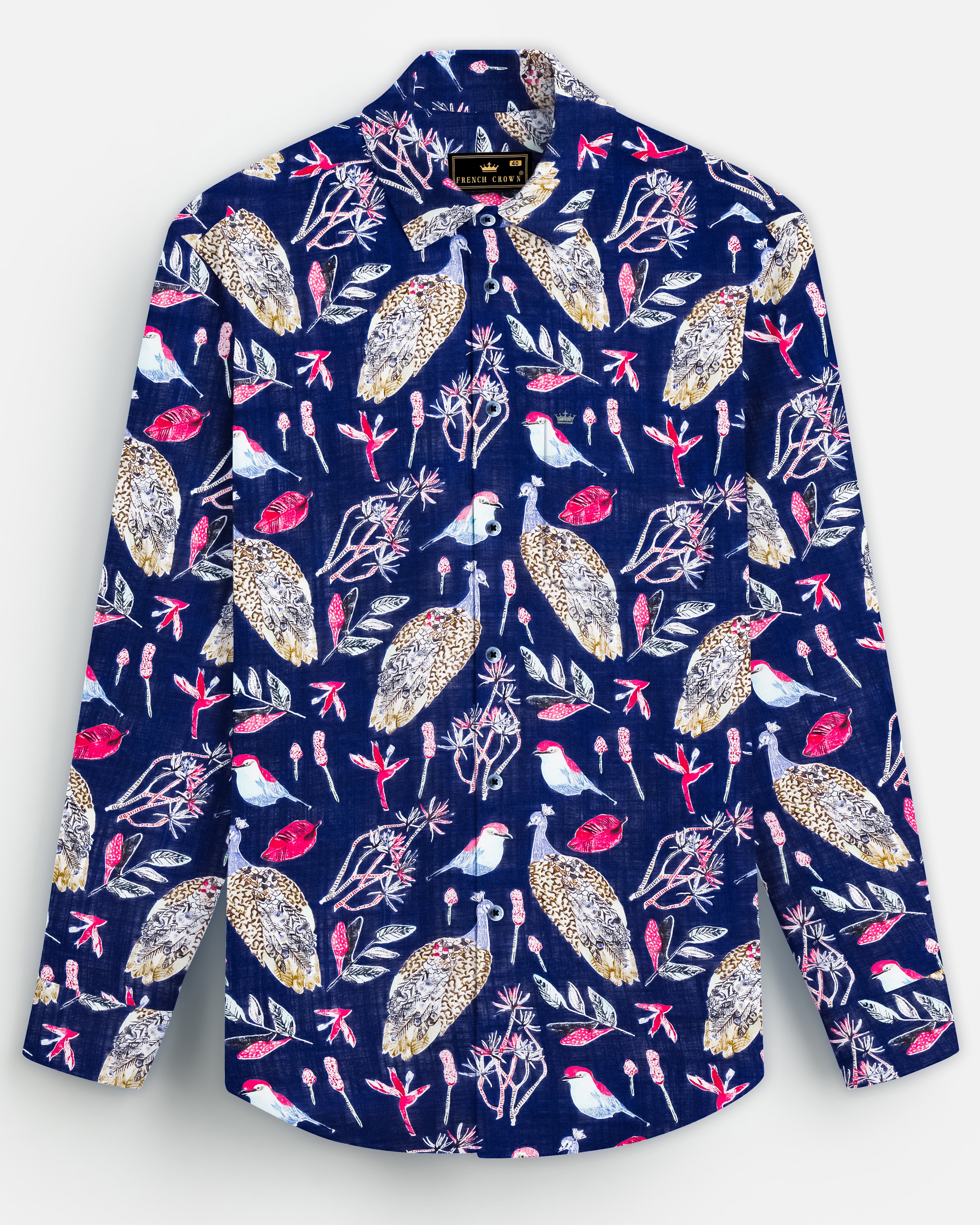 MysticPeafowl-Haiti Navy Blue Peacock Printed Lightweight Premium Cotton Casual Shirt