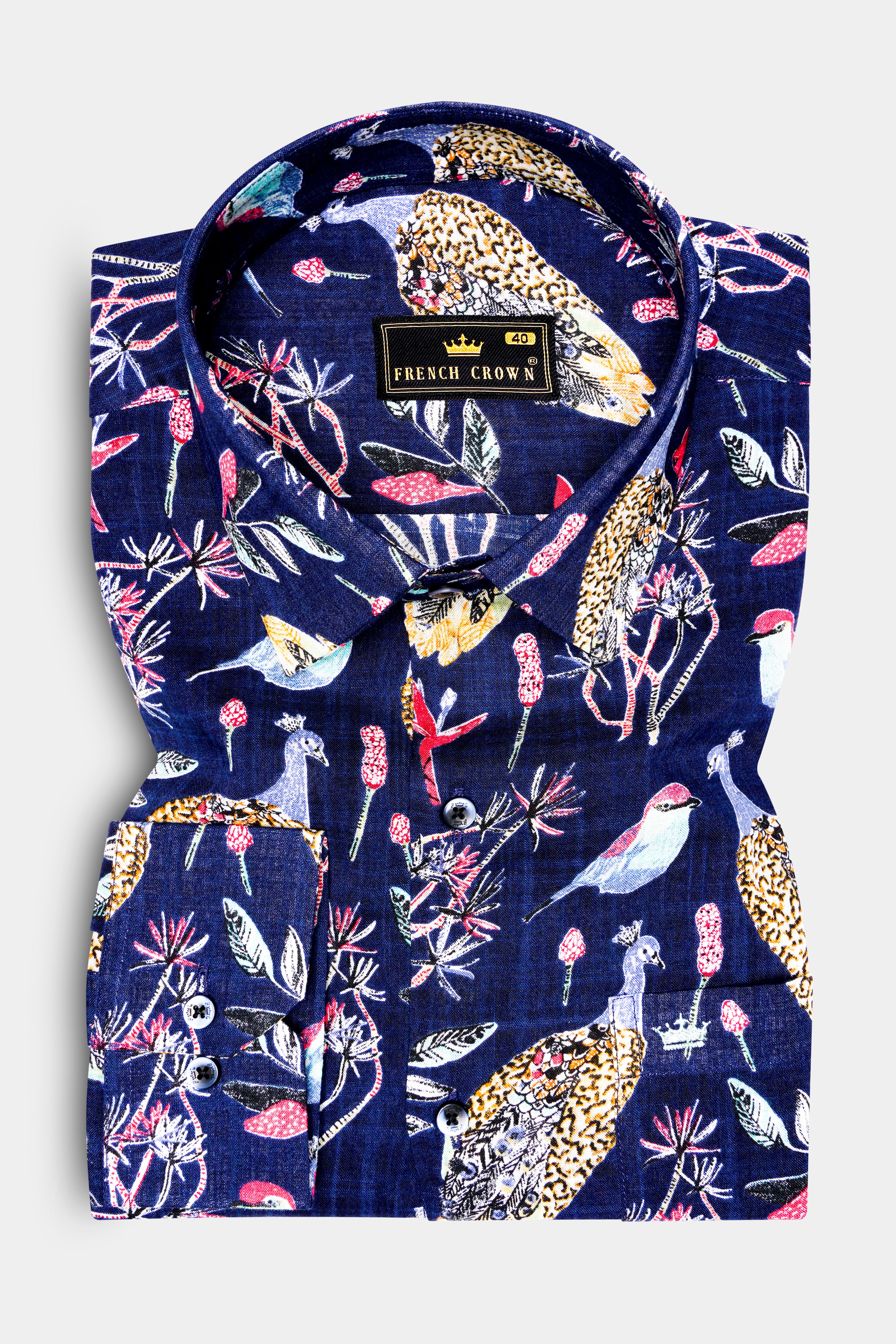MysticPeafowl-Haiti Navy Blue Peacock Printed Lightweight Premium Cotton Casual Shirt