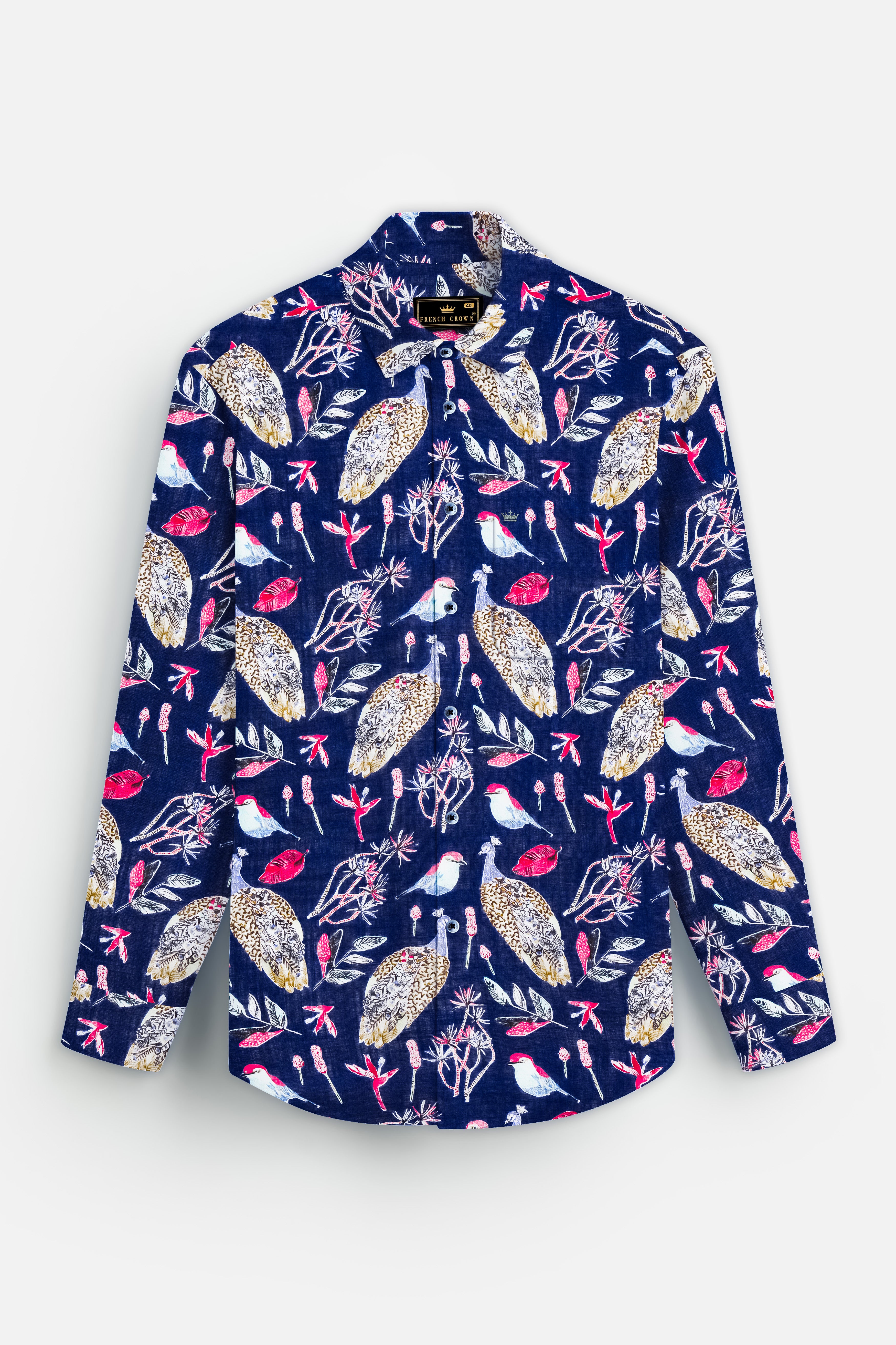 MysticPeafowl-Haiti Navy Blue Peacock Printed Lightweight Premium Cotton Casual Shirt